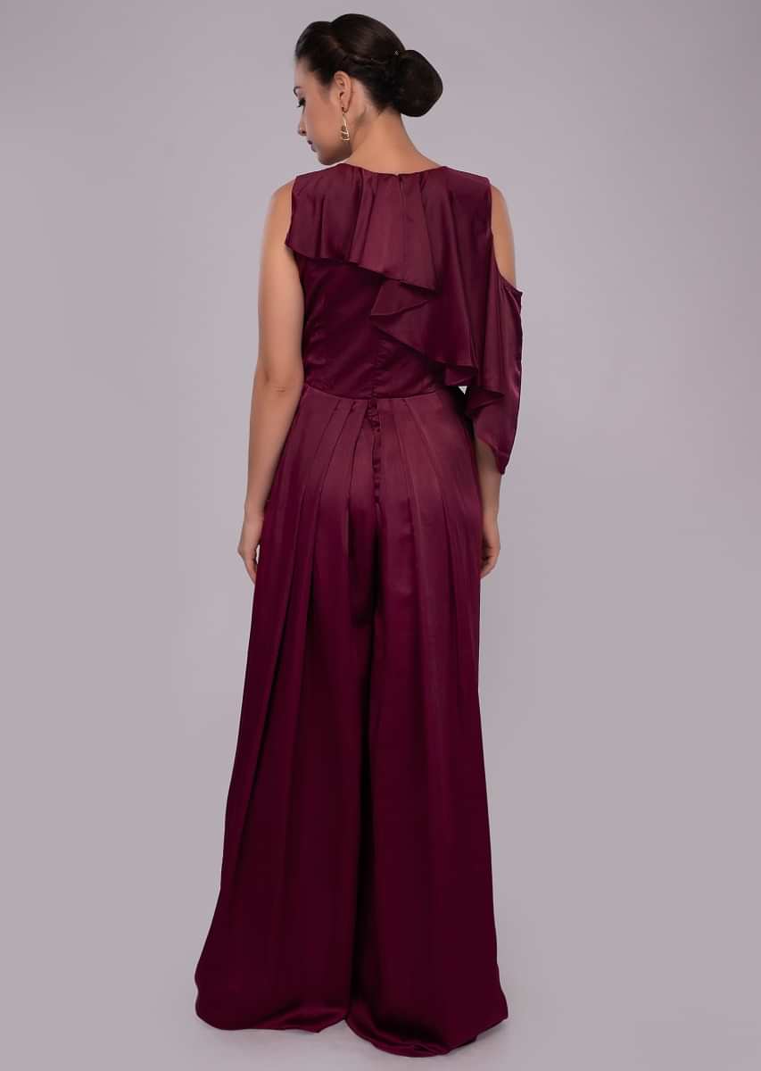 Wine satin jumpsuit with net embroidered bodice 