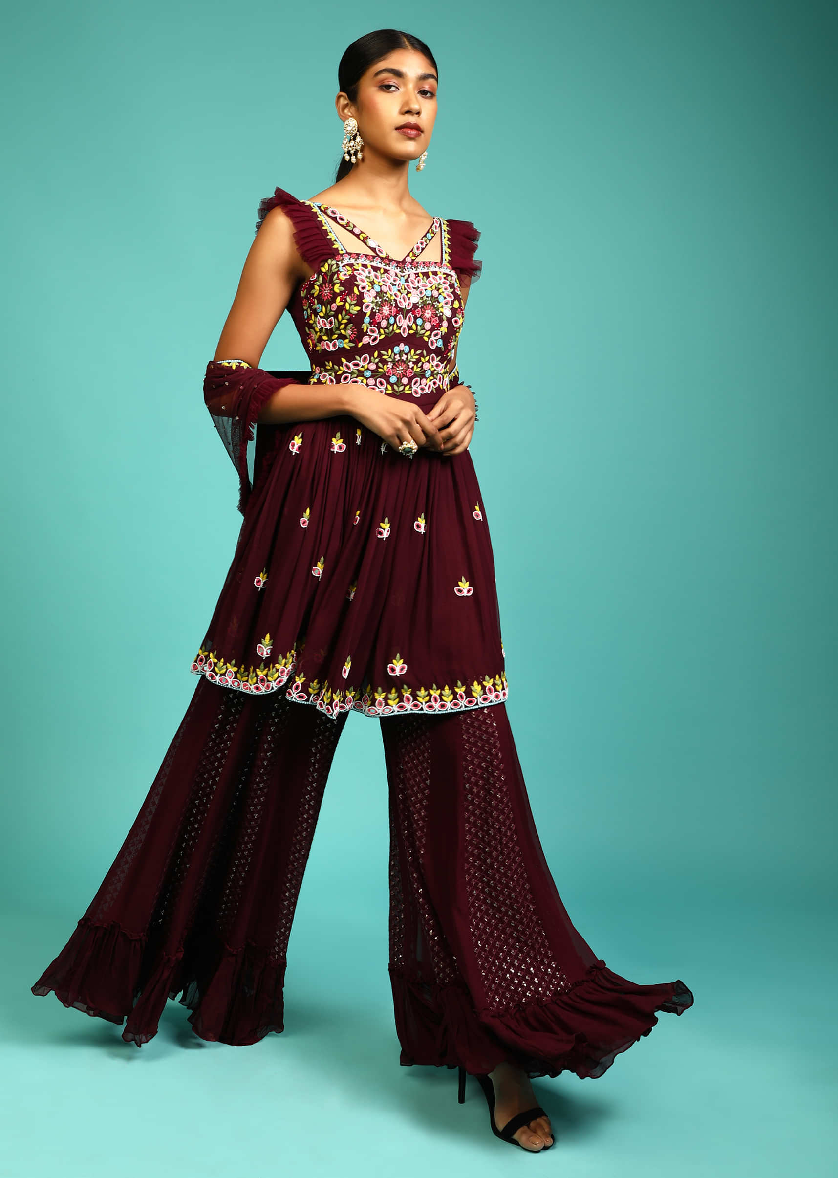 Wine Sharara And Peplum Suit In Georgette With Multi Color Thread And Mirror Embroidered Floral Design  