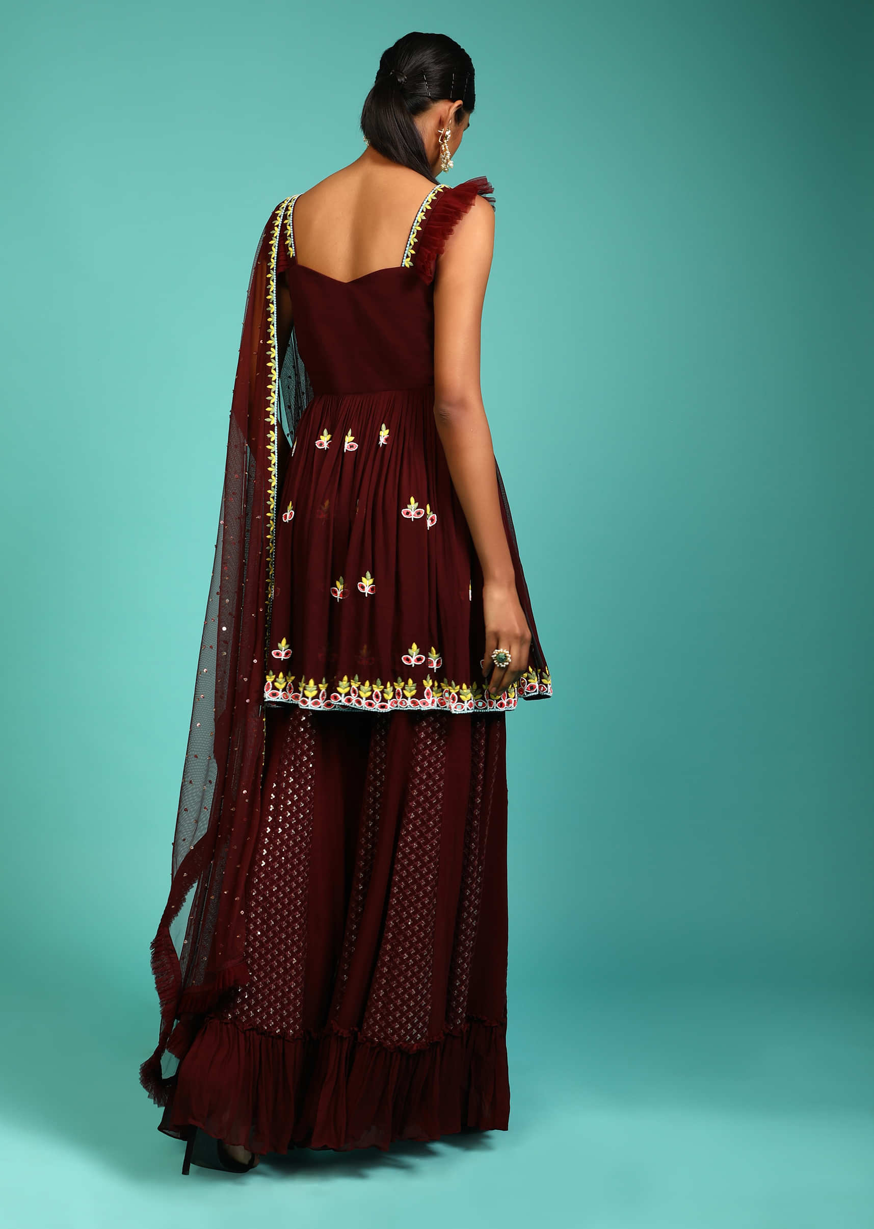 Wine Sharara And Peplum Suit In Georgette With Multi Color Thread And Mirror Embroidered Floral Design  
