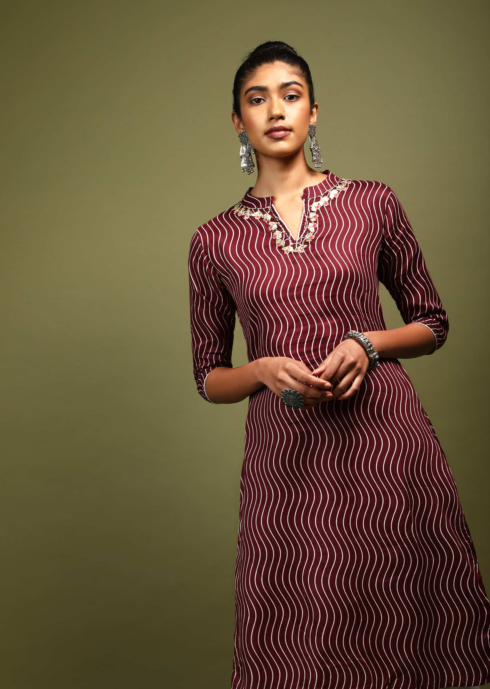 Wine Straight Cut Kurta And Skirt Set In Cotton With Wave Print And Gotta Embroidery On The Neckline 