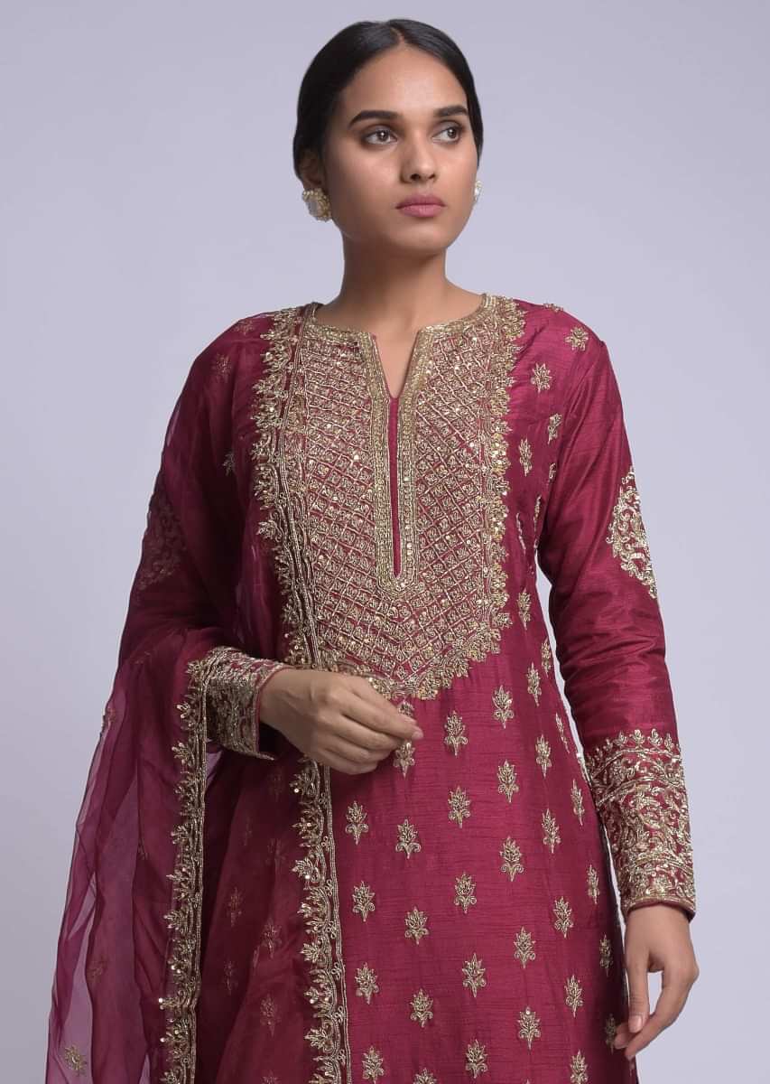 Buy Wine Straight Cut Suit With Embroidered Placket And Buttis Online ...