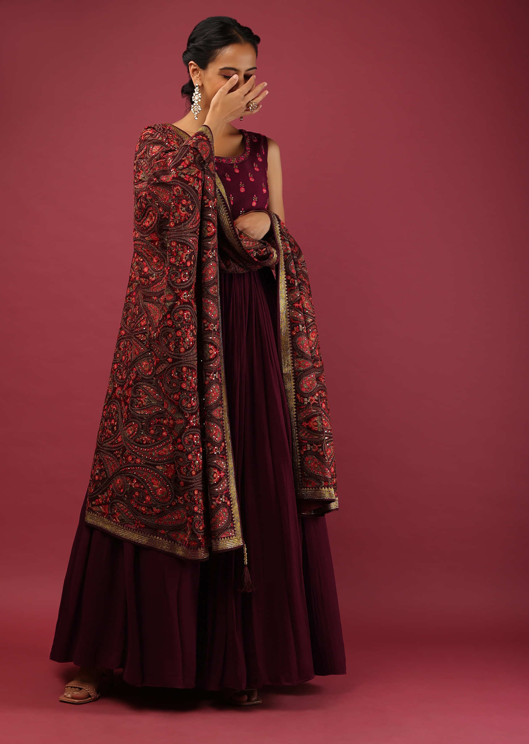 Wine Anarkali Suit In Georgette With Resham Embroidered Buttis And Heavy Resham Embroidered Dupatta  