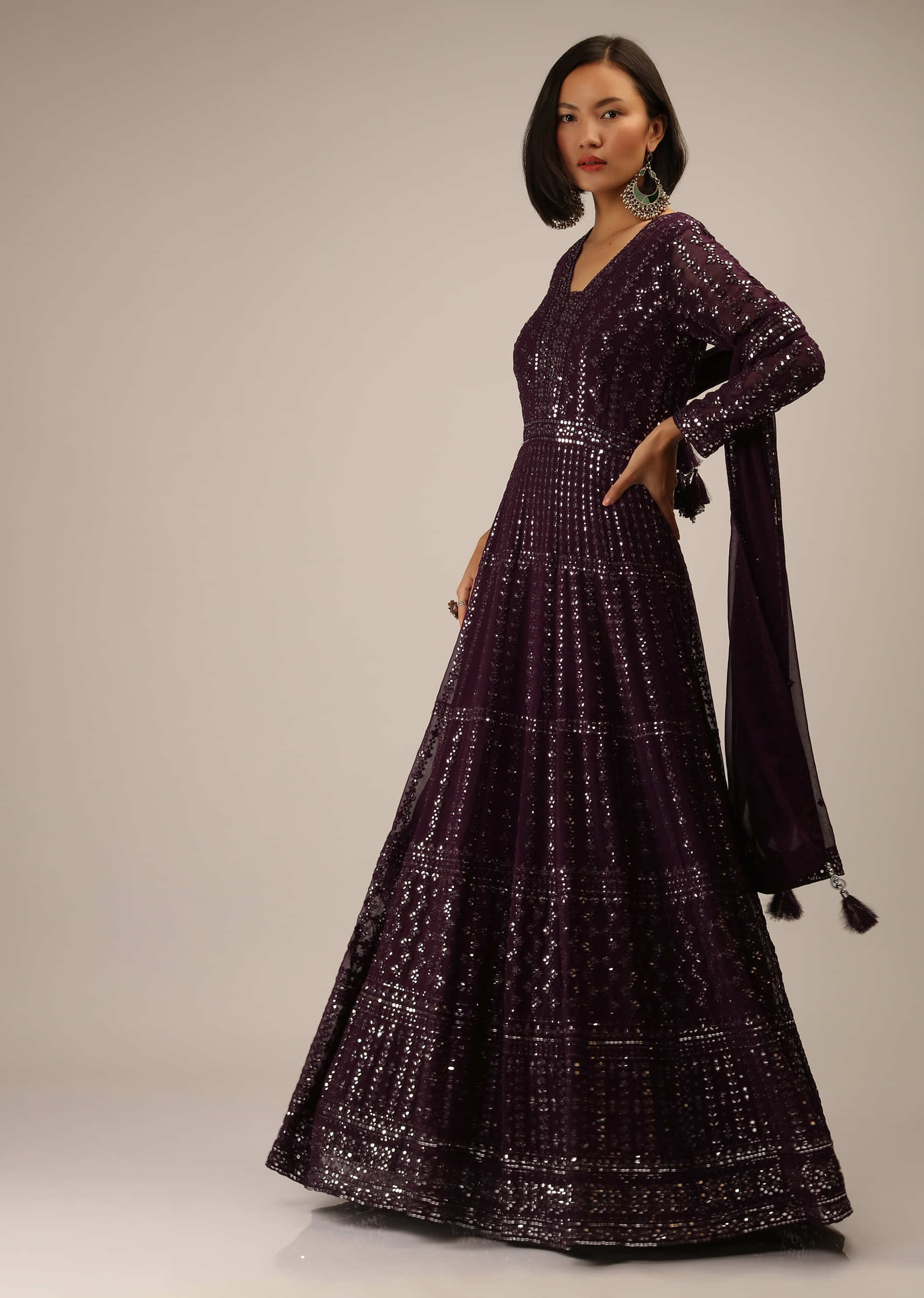 Wine Anarkali Suit In Georgette With Sequins And Mirror Embroidery All Over And Full Sleeves
