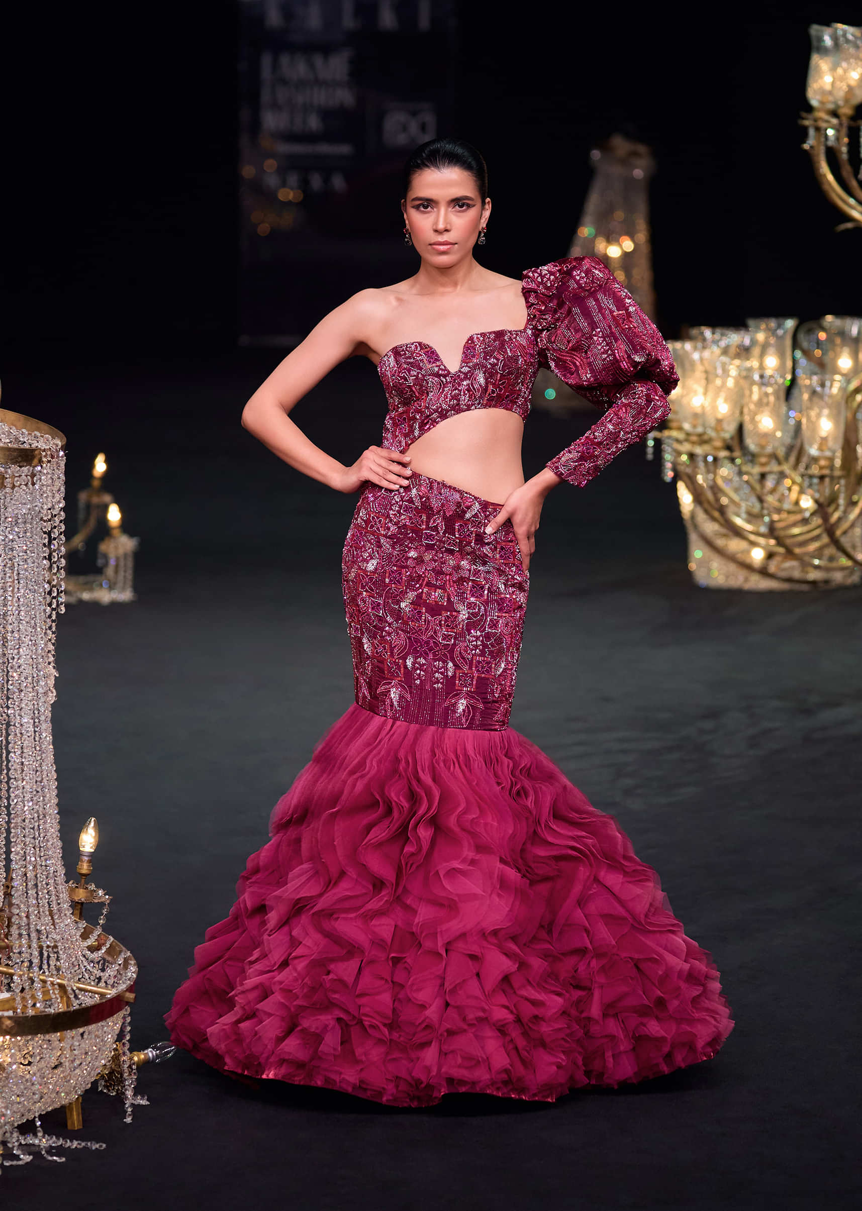Buy Wine Fish Cut One Shoulder Gown With 3D Organza Frills | KALKI 