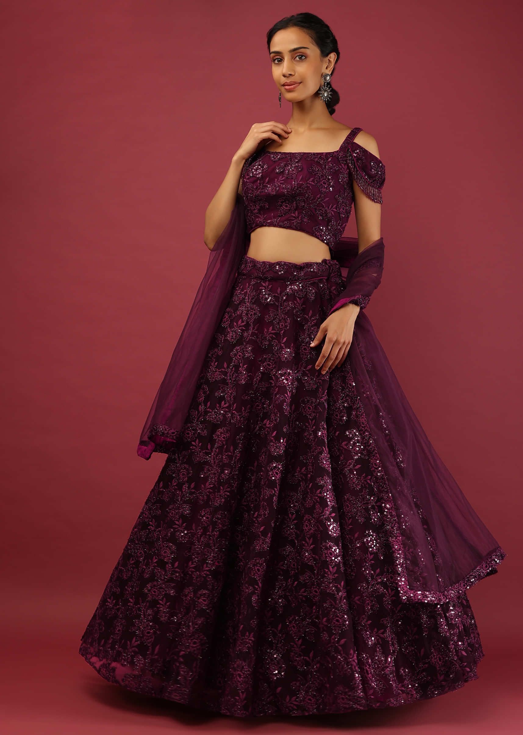 Wine Lehenga Choli In Embroidered Net With Bead Fringes On The Cold Shoulder Sleeves 