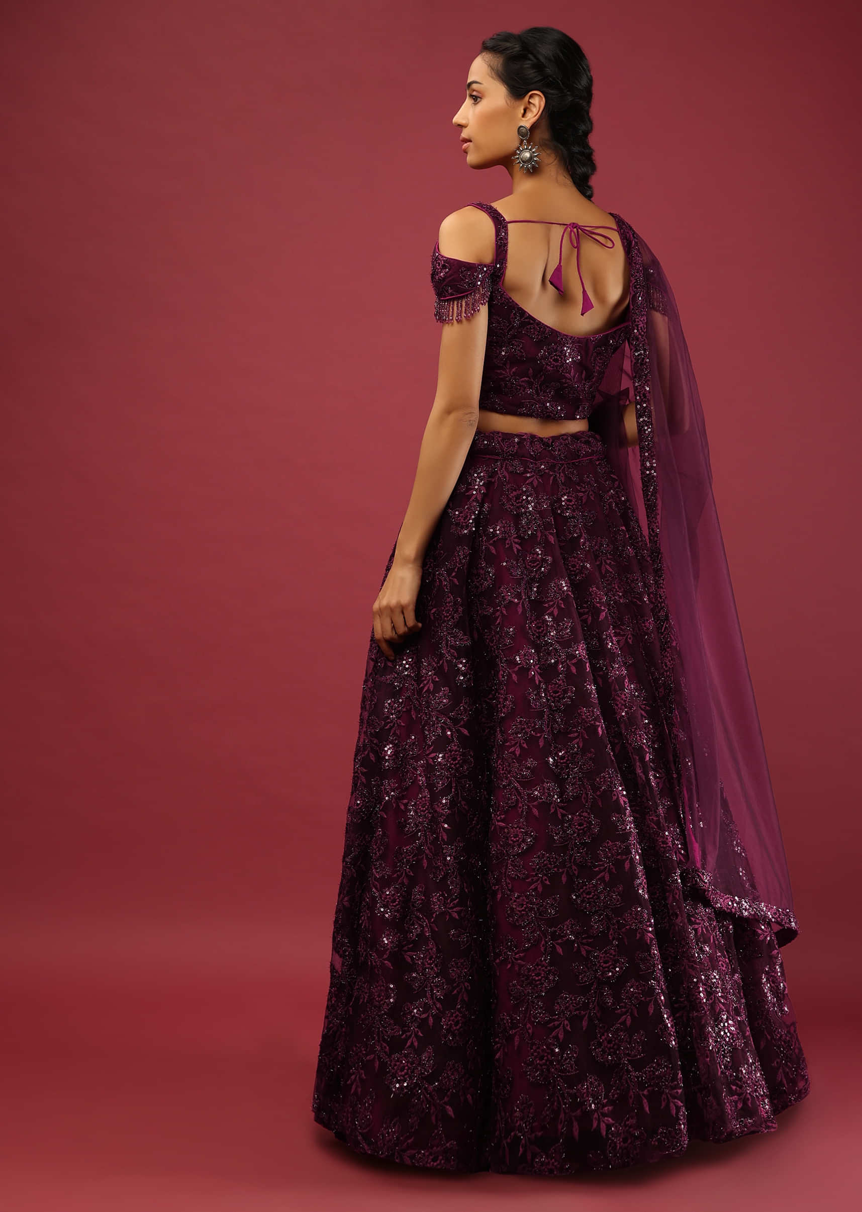 Wine Lehenga Choli In Embroidered Net With Bead Fringes On The Cold Shoulder Sleeves 