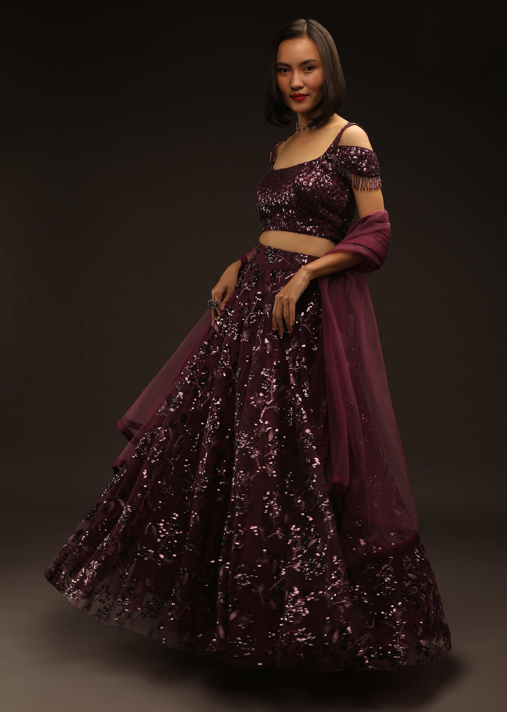 Wine Lehenga Choli In Net With Sequins Embroidered Floral Motifs And Cold Shoulder Sleeves