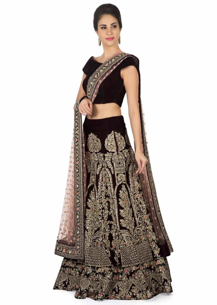 Wine lehenga with pink dupatta in floral embellishment only on Kalki