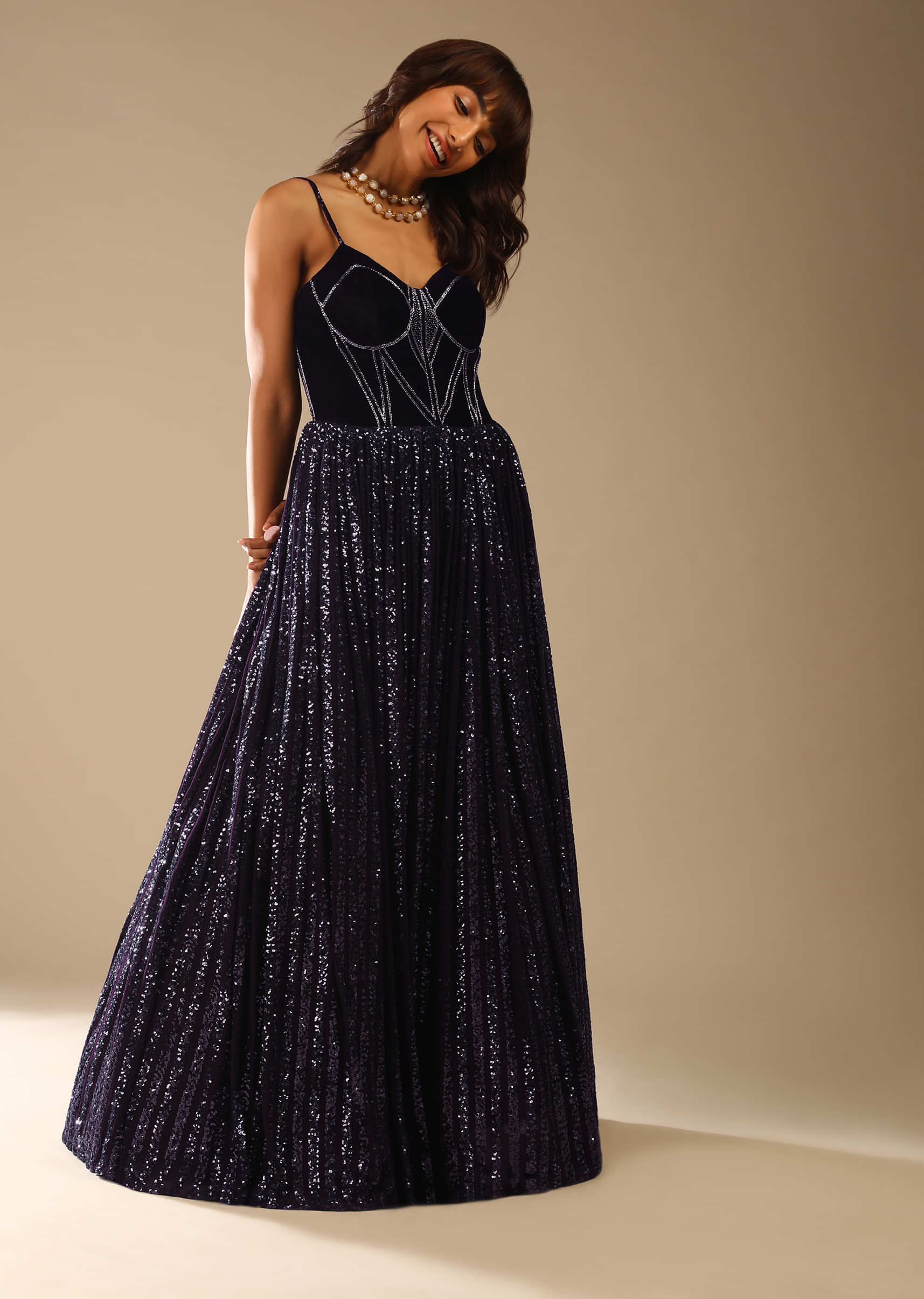 Wine Purple Corset Gown Embellished In Sequins With A Velvet Bodice Featuring Edgy Cut Dana Work