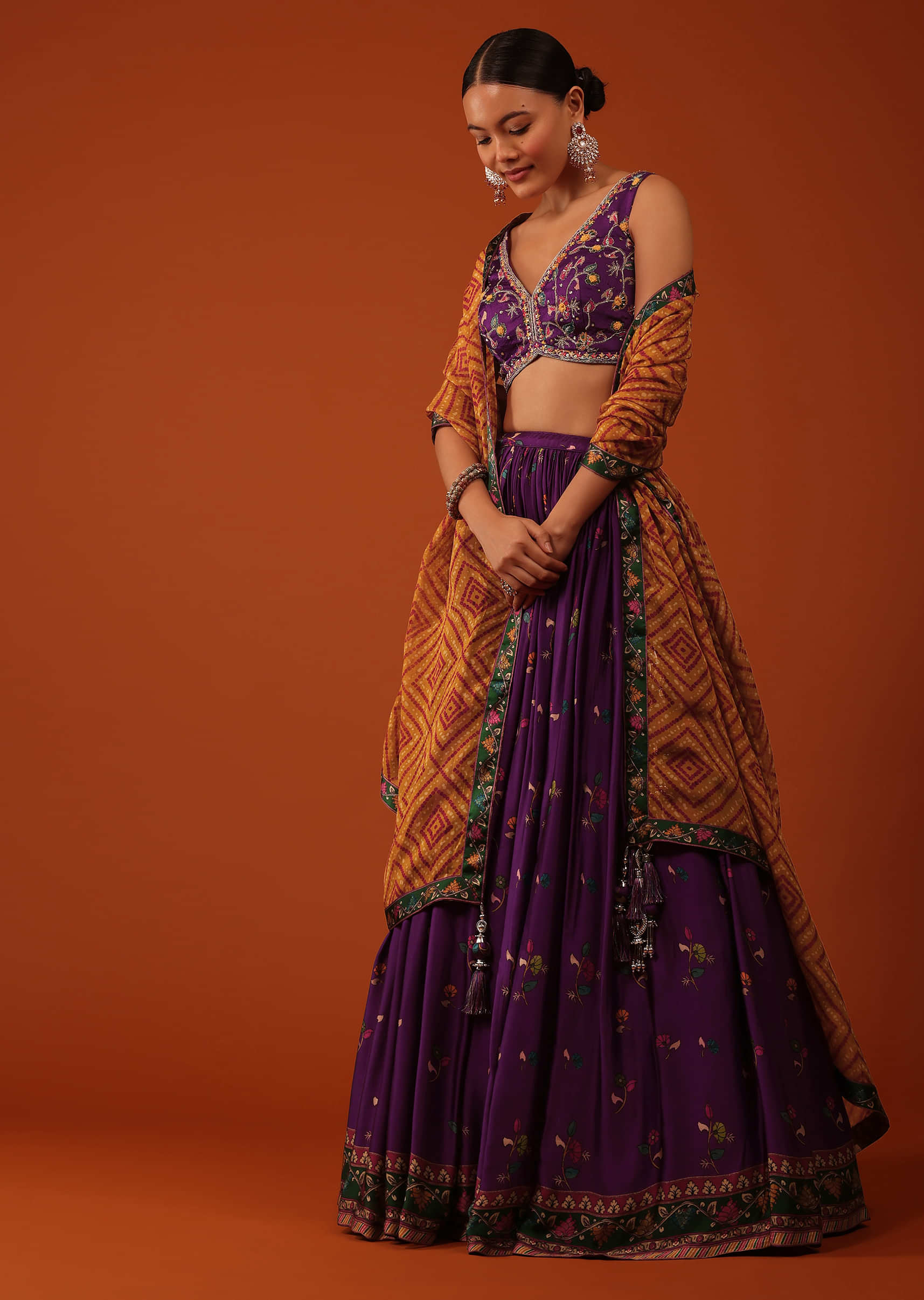 Buy Wine Purple Embroidered Lehenga And Blouse Set In Satin