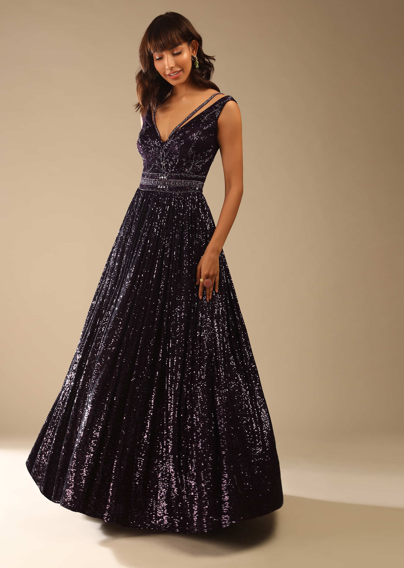 Wine Purple Gown Embellished In Sequins With Cut Dana Work And Deep V Neckline