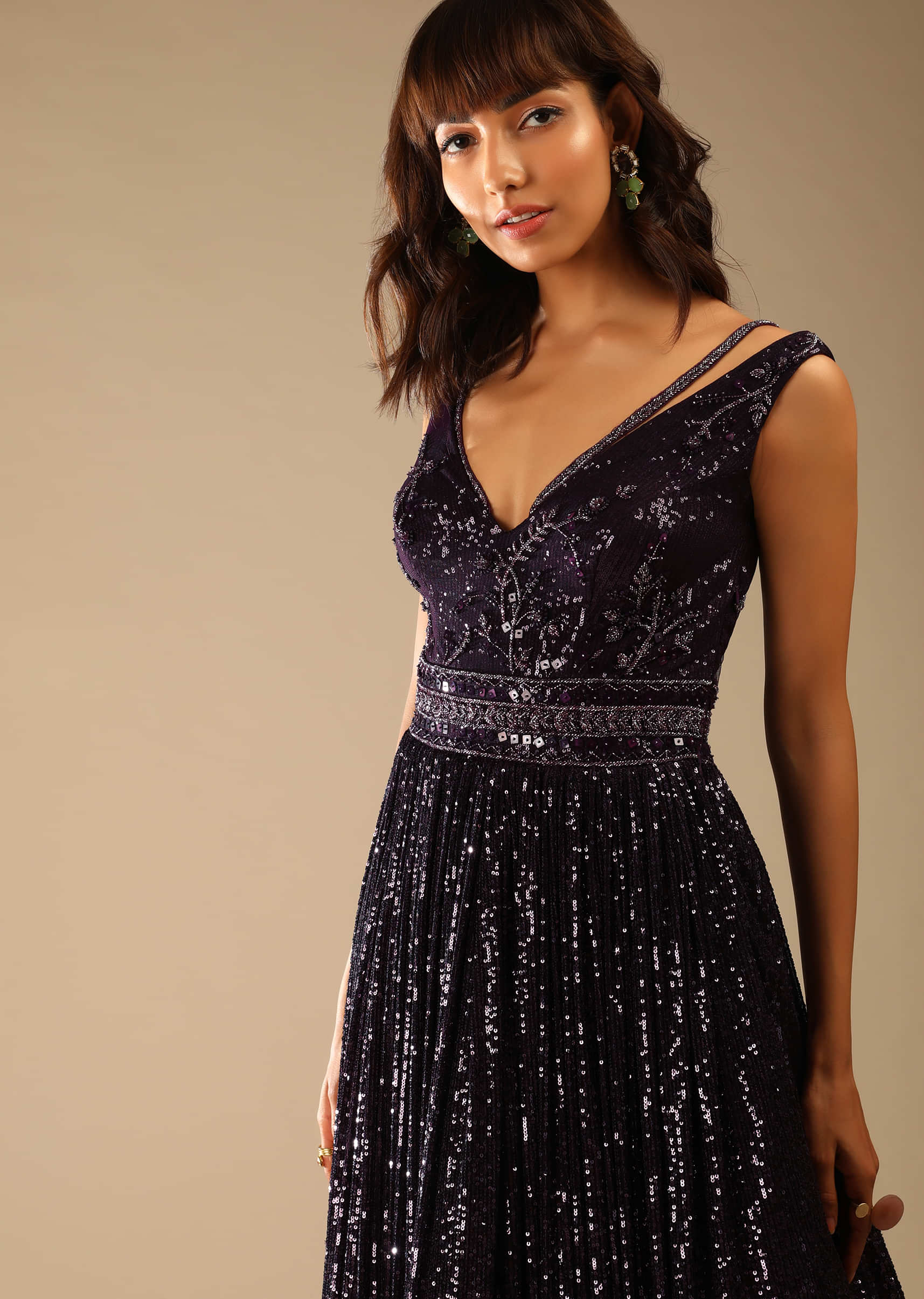 Wine Purple Gown Embellished In Sequins With Cut Dana Work And Deep V Neckline