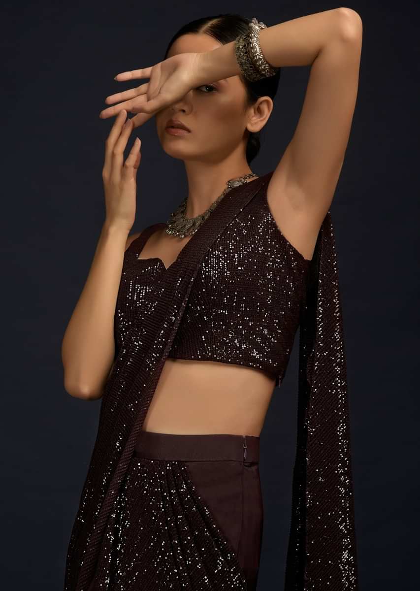 Wine Purple Ready Pleated Saree In Crepe With Sequins Embellished Pallu, Frill On The Hemline And Ready Blouse  