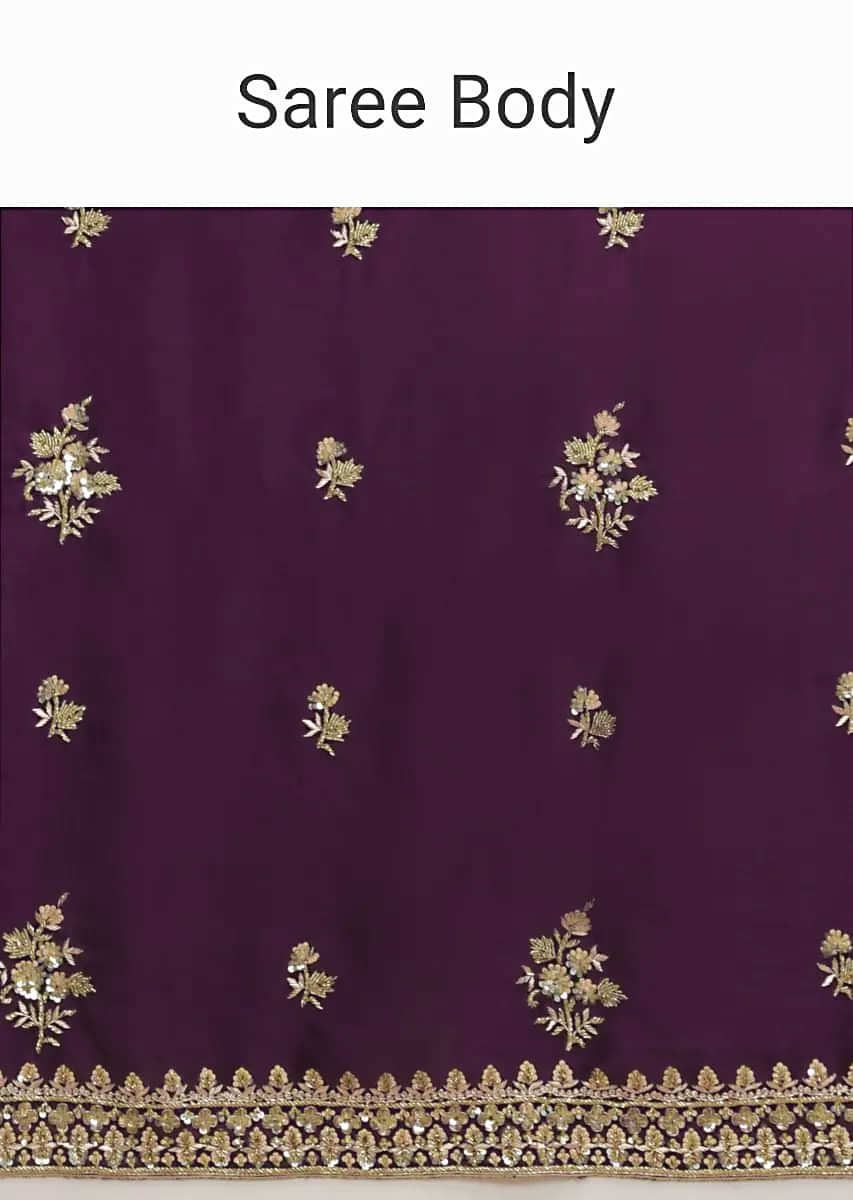 Wine Purple Saree In Satin With Hand Embroidered Floral Buttis Using Cut Dana And Sequins Work  