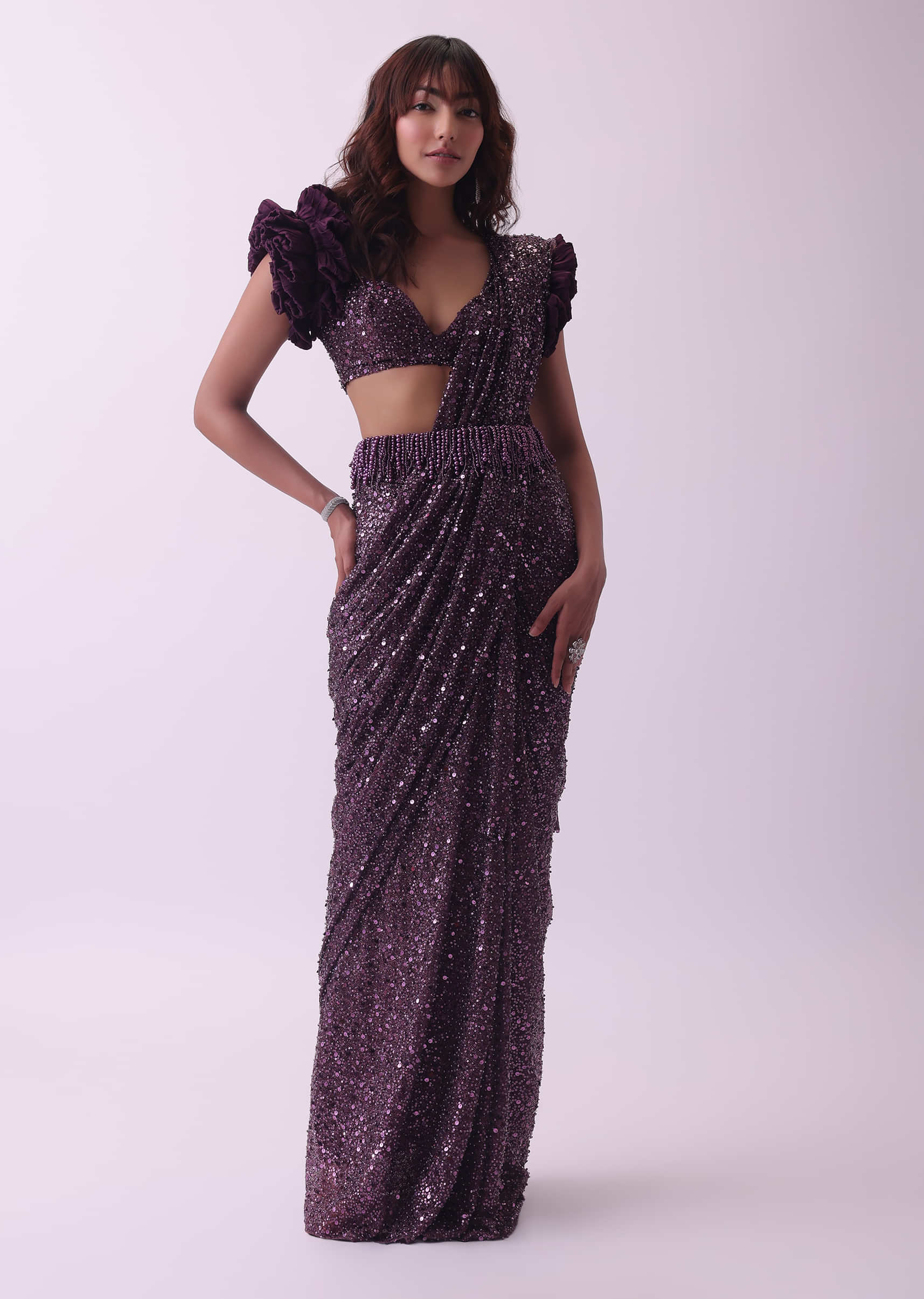 Wine Purple Pre Stitched Saree And Blouse Set In Sequins With Embroidered Belt