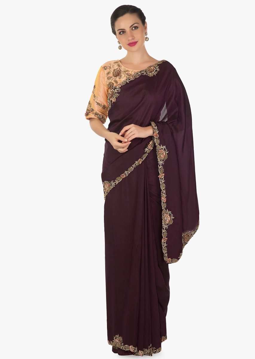 Wine saree in silk with resham and zardosi embroidered border with ready blouse only on Kalki