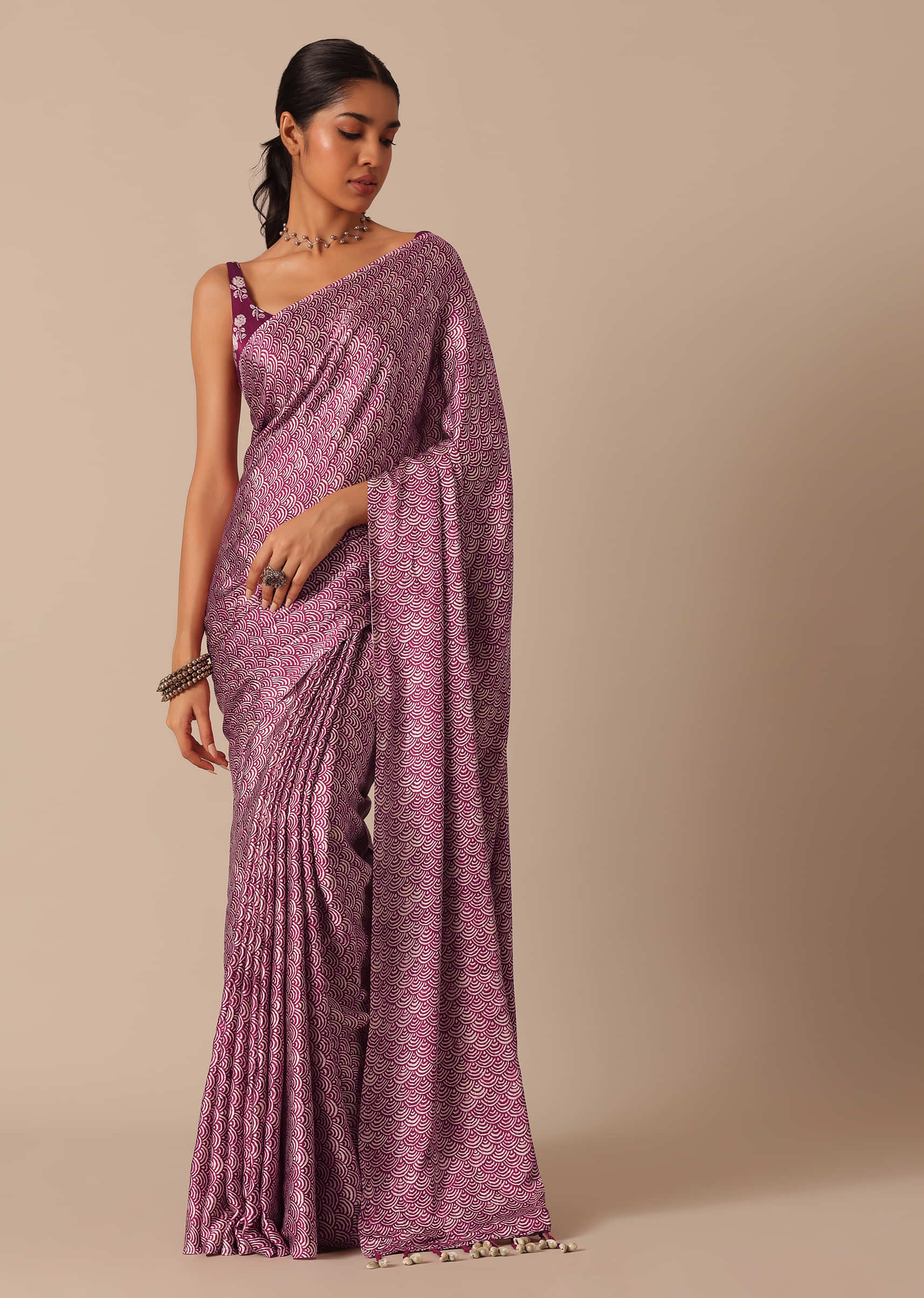 Buy Wine Satin Printed Saree With Unstitched Blouse Fabric KALKI Fashion  India
