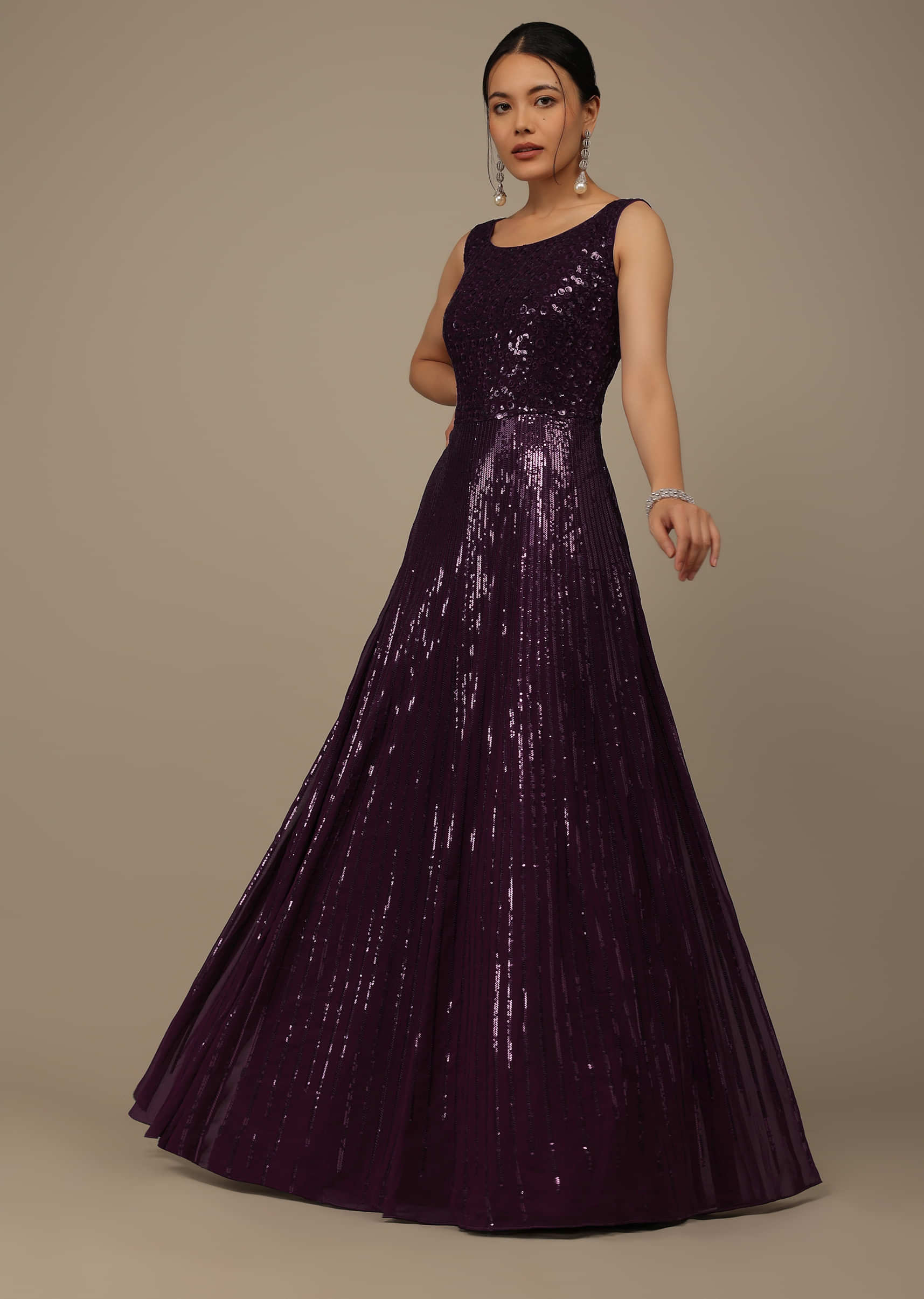 Buy Wine Sequins Embroidered Evening Gown In Georgette With Resham