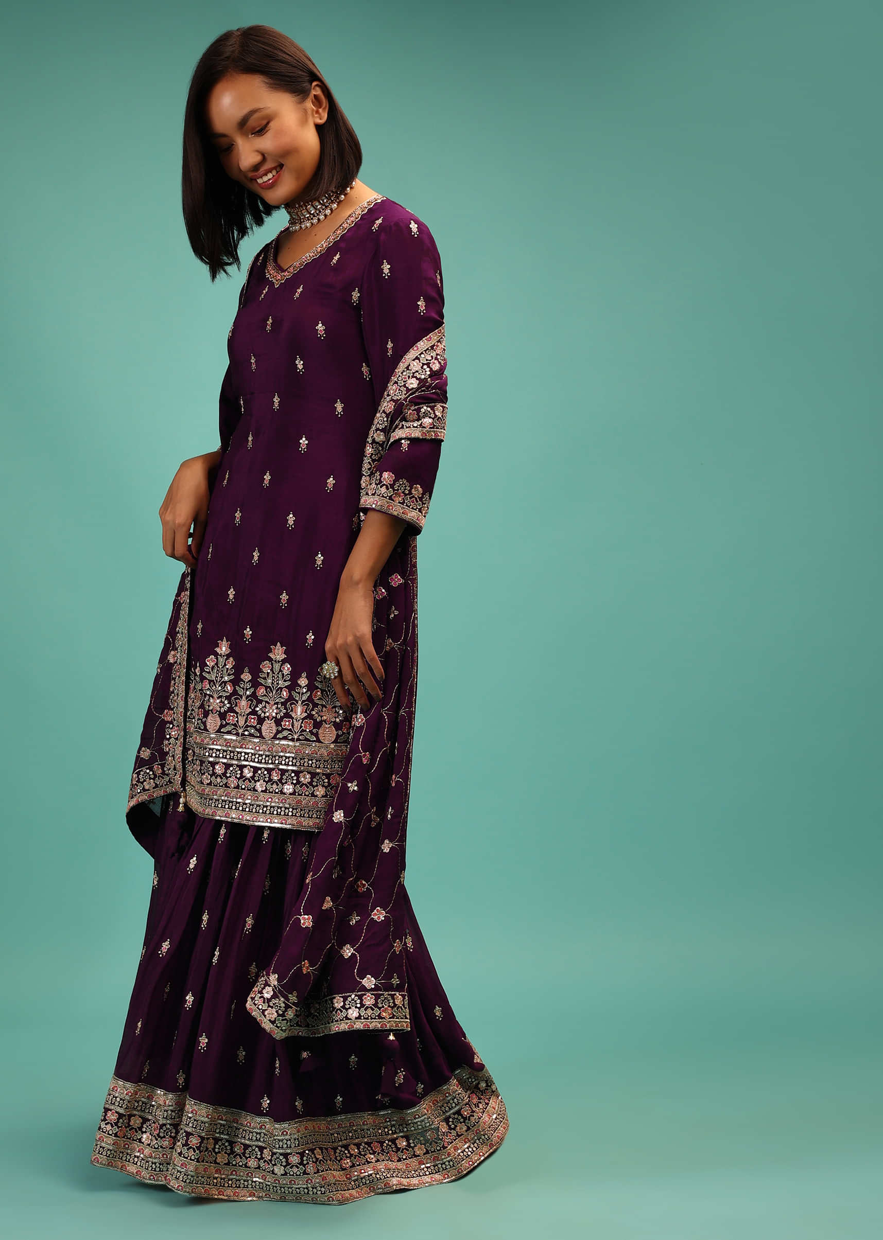 Wine Sharara Suit In Georgette With Zari And Resham Embroidery