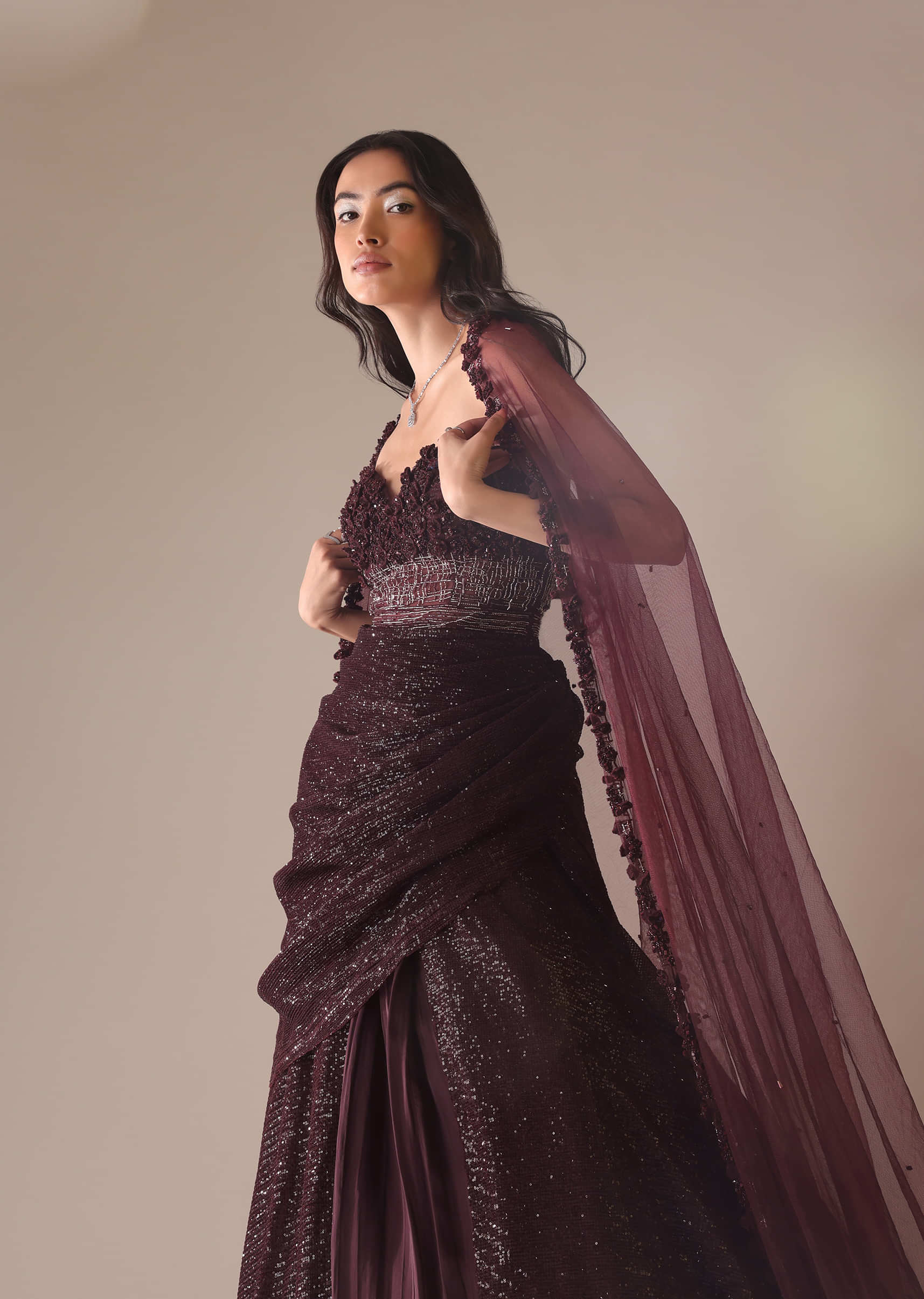 Wine Western Drape Gown With 3D Flower Embroidery