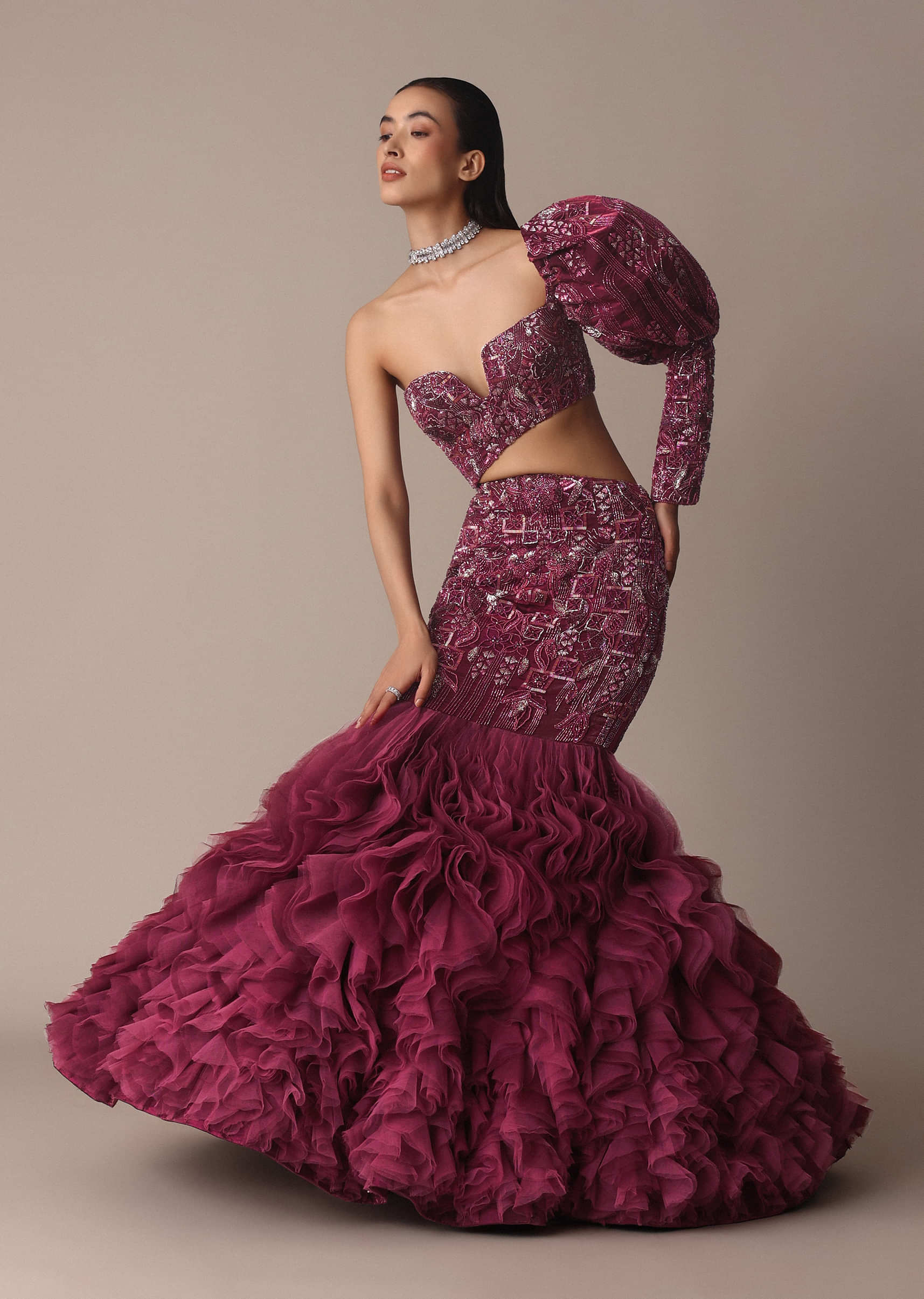 Wine Fish Cut One Shoulder Gown With 3D Organza Frills