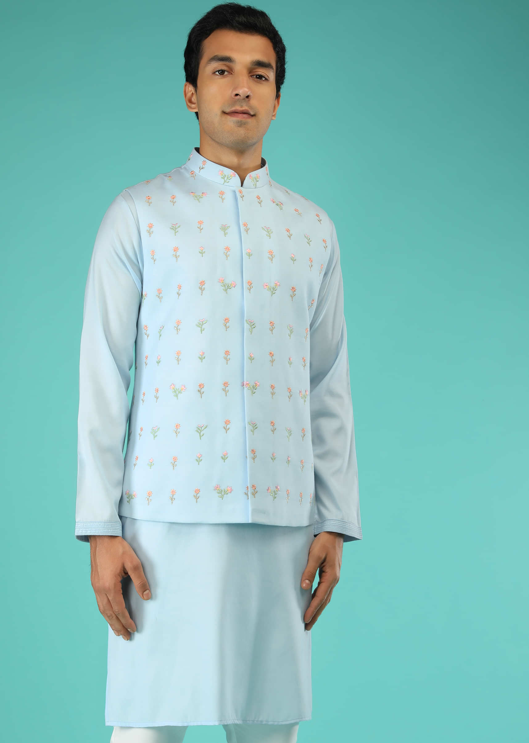 Winter Sky Blue Nehru Jacket And Kurta Set With Multi Colored Resham Embroidered Floral Buttis