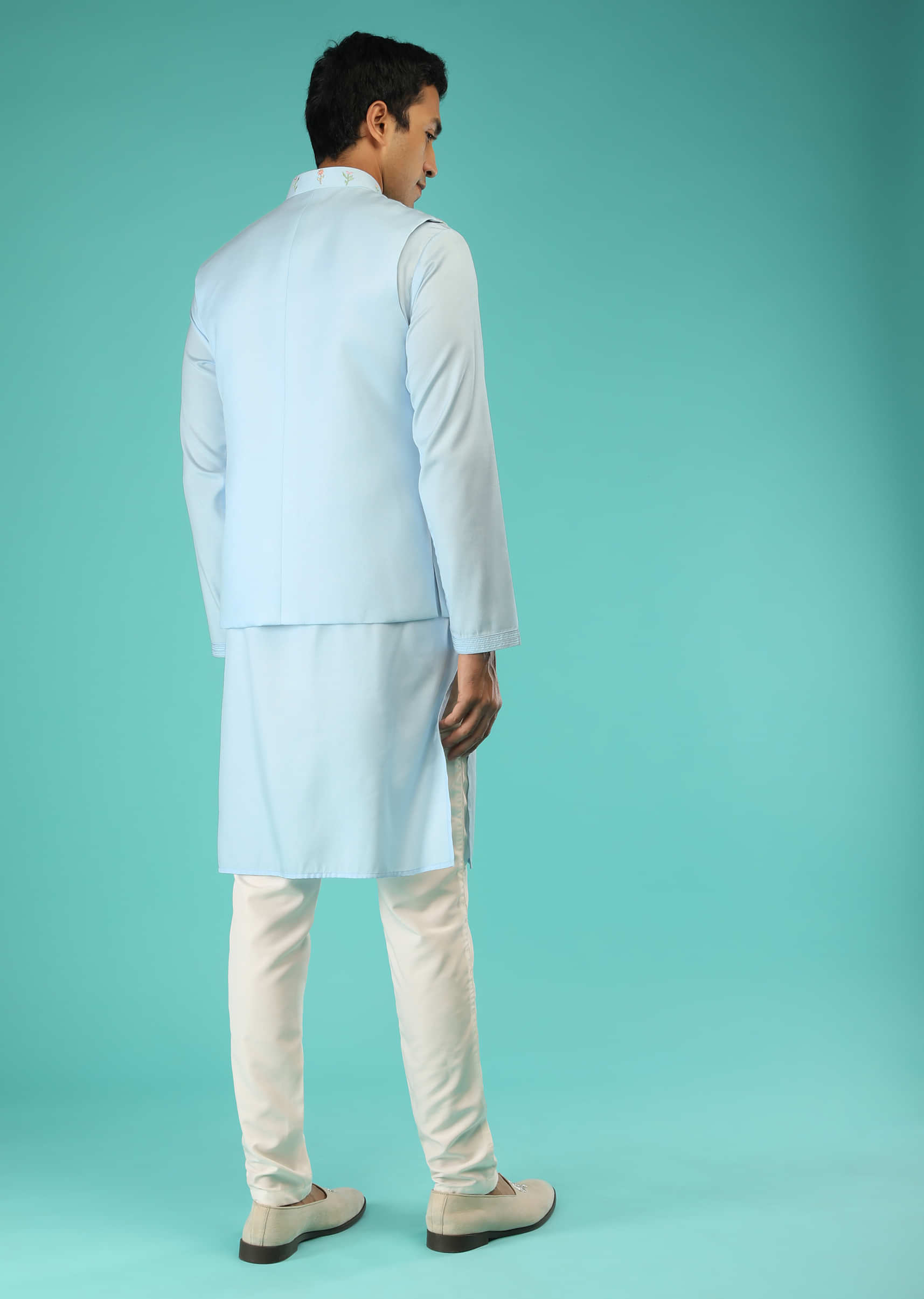 Winter Sky Blue Nehru Jacket And Kurta Set With Multi Colored Resham Embroidered Floral Buttis