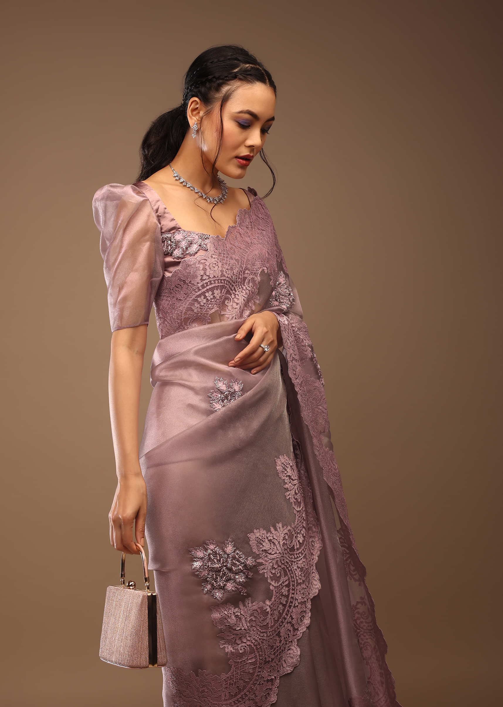 Wistful Mauve Saree With A Crop Top In Sequins Embroidery Crafted In Tissue Organza With Balloon Sleeves