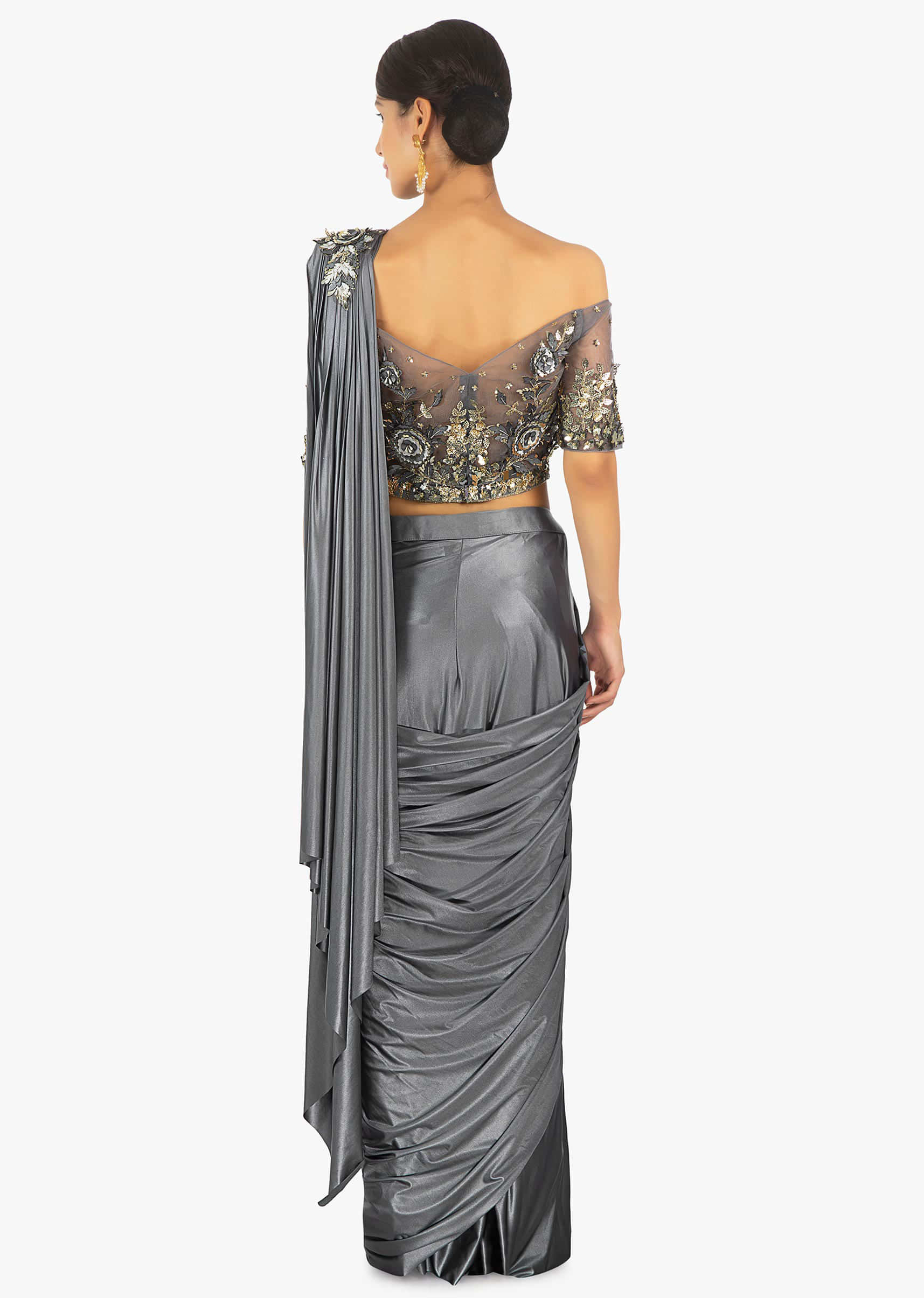 Wedding wear Lycra Grey Long Blouse Readymade Saree MS531163
