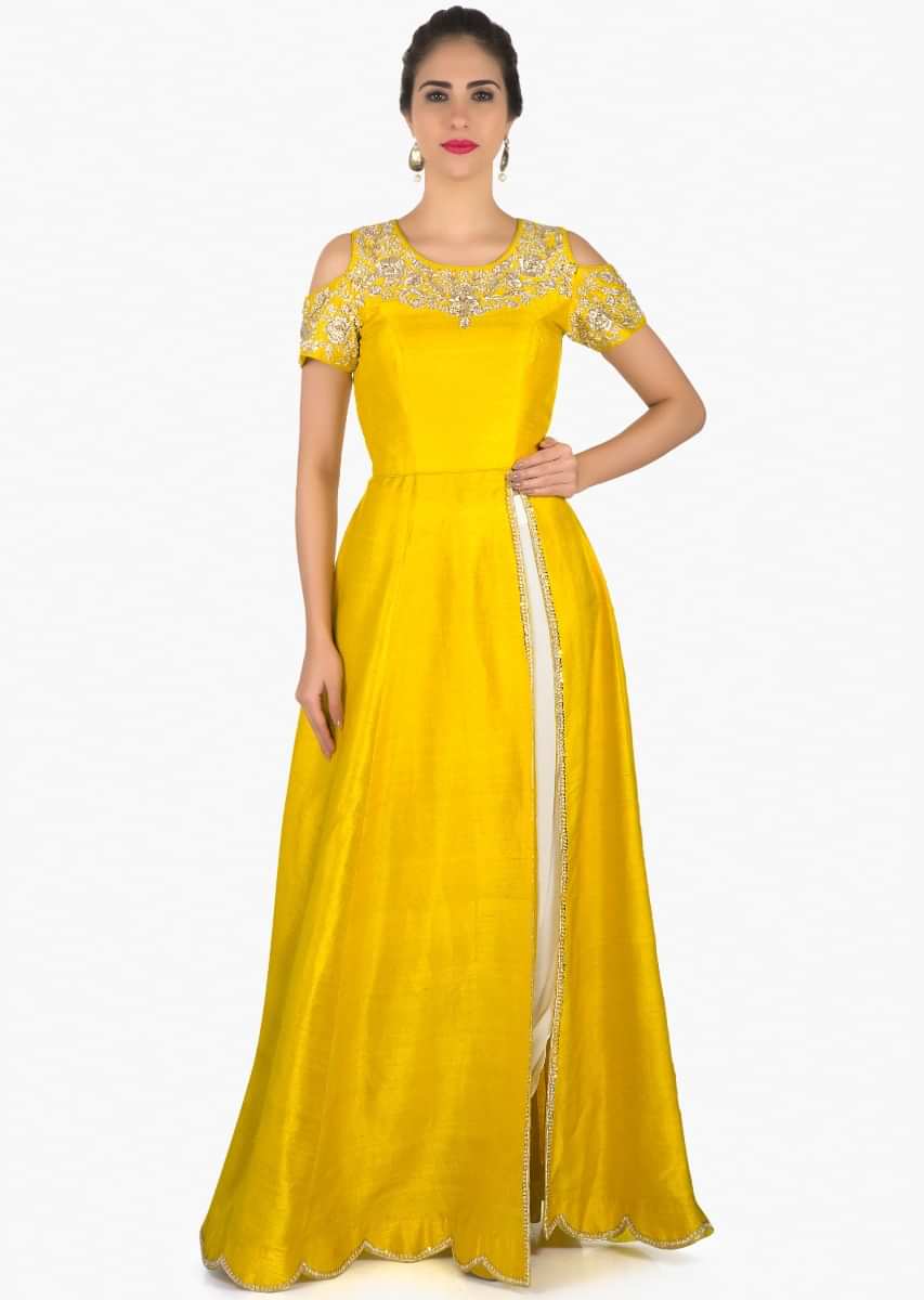 Chrome Yellow cold shoulder suit with embroidered neckline only on Kalki