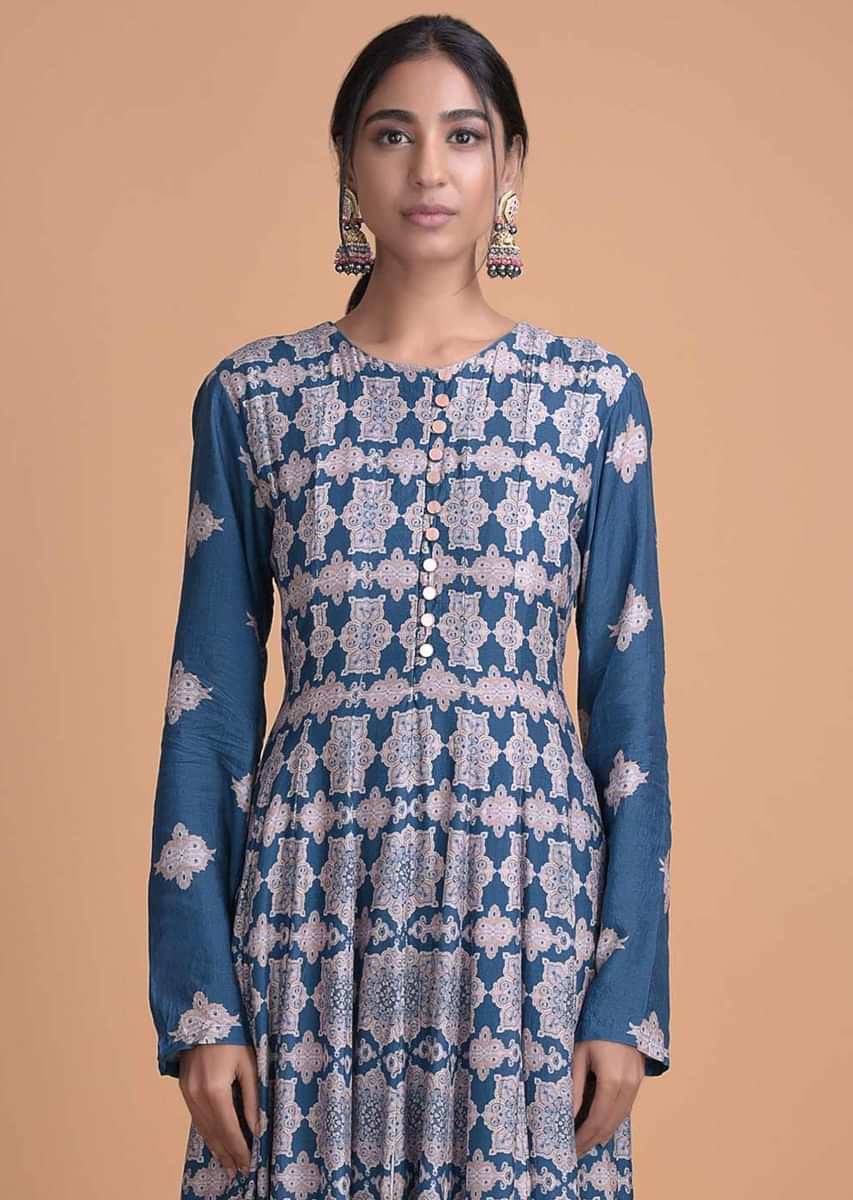 Buy Yale Blue Anarkali Suit In Cotton With Floral Print All Over Online ...