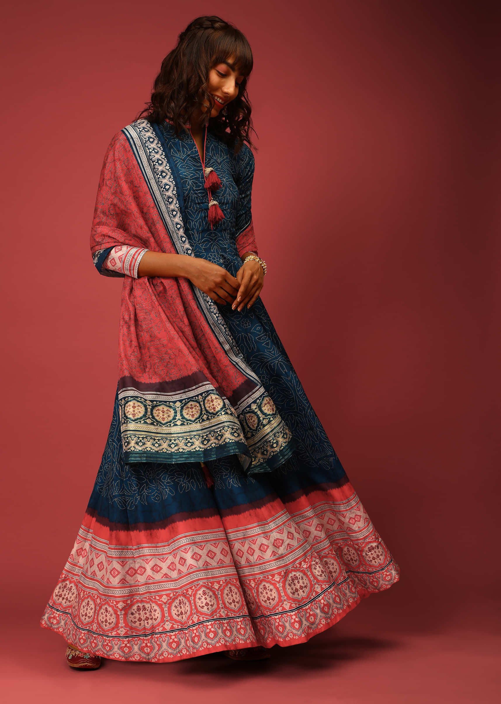 Yale Blue Anarkali Suit In Silk With Floral Jaal And Contrasting Red Border With Ethnic Print  