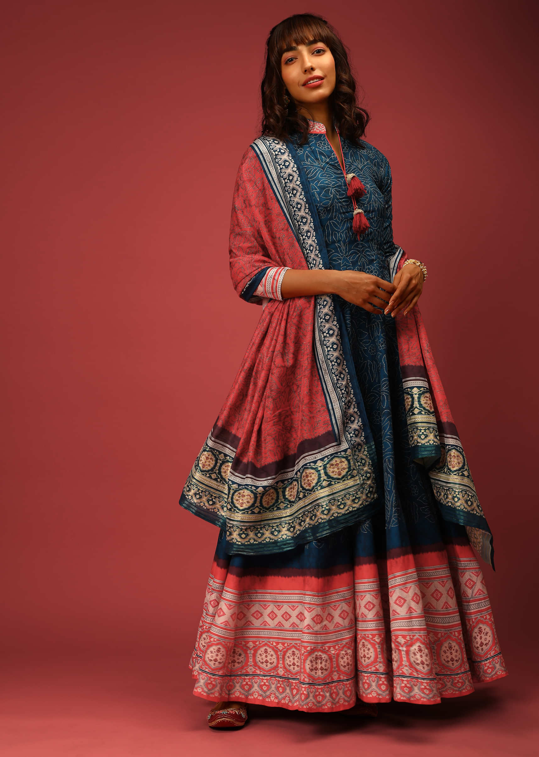 Yale Blue Anarkali Suit In Silk With Floral Jaal And Contrasting Red Border With Ethnic Print  