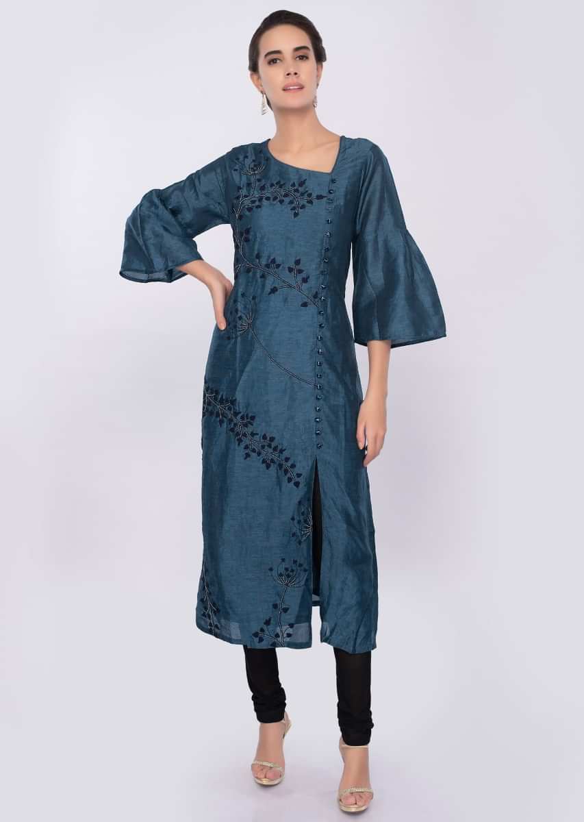 Yale blue cotton silk kurti in floral embroidery only on Kalki