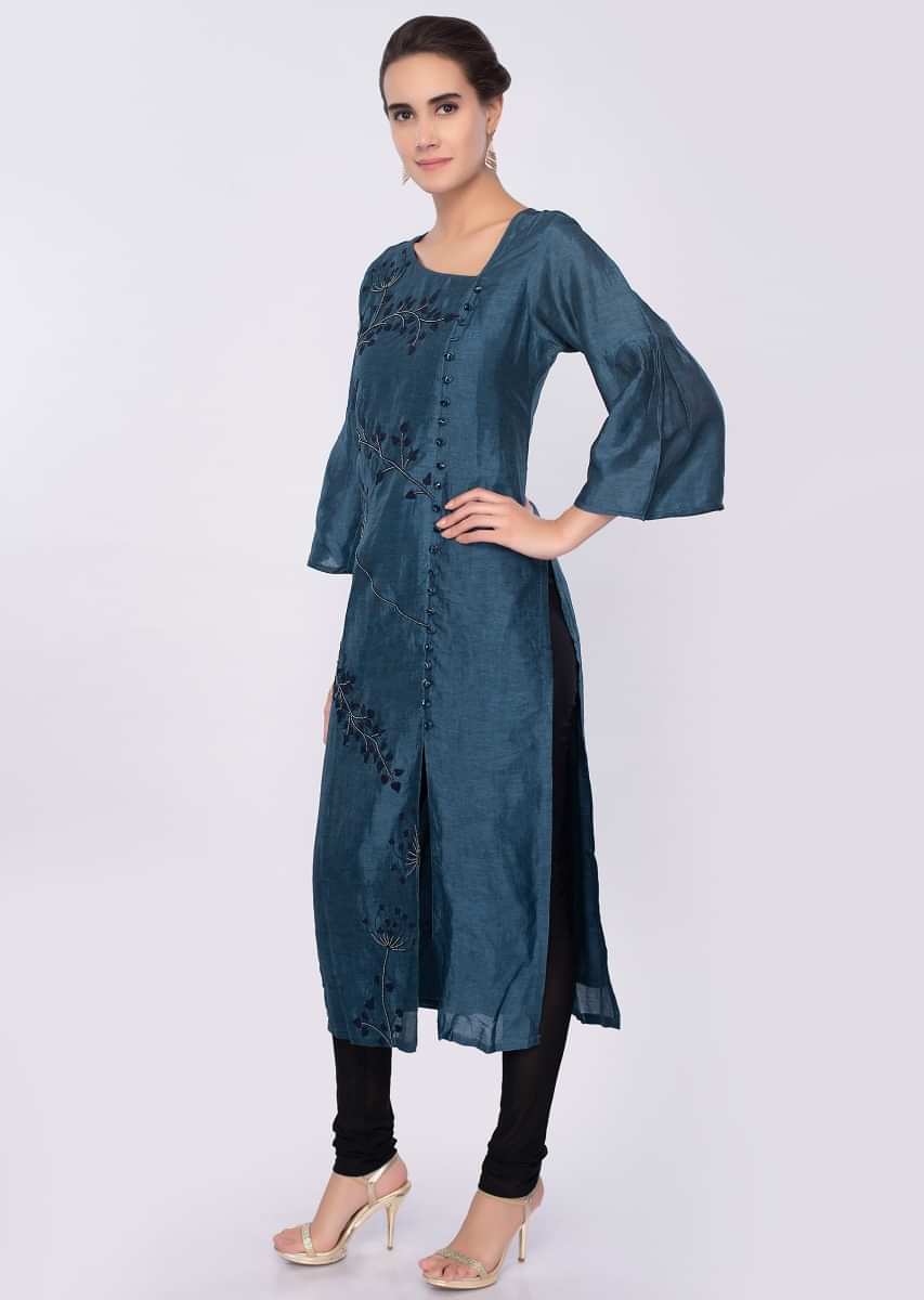 Yale blue cotton silk kurti in floral embroidery only on Kalki