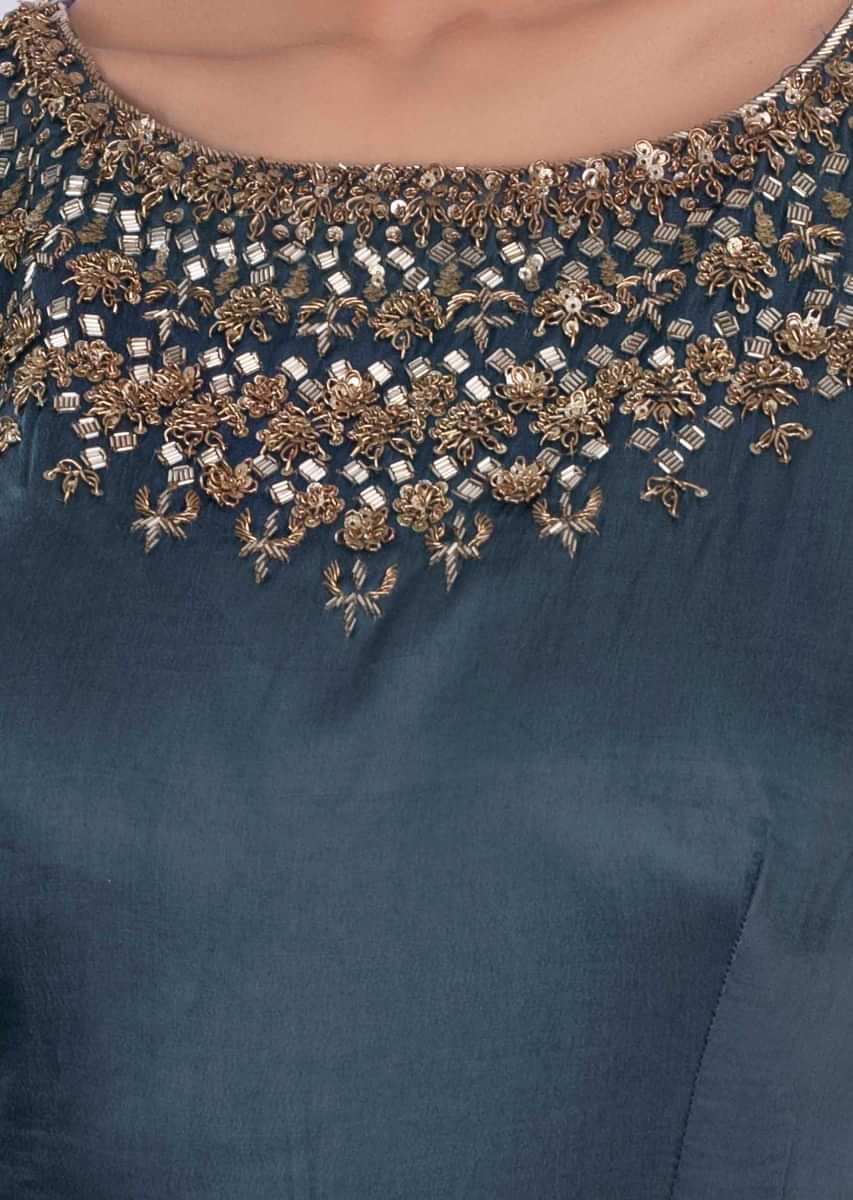 Yale Blue Gown In Silk With Side Embroidered Butti Online - Kalki Fashion