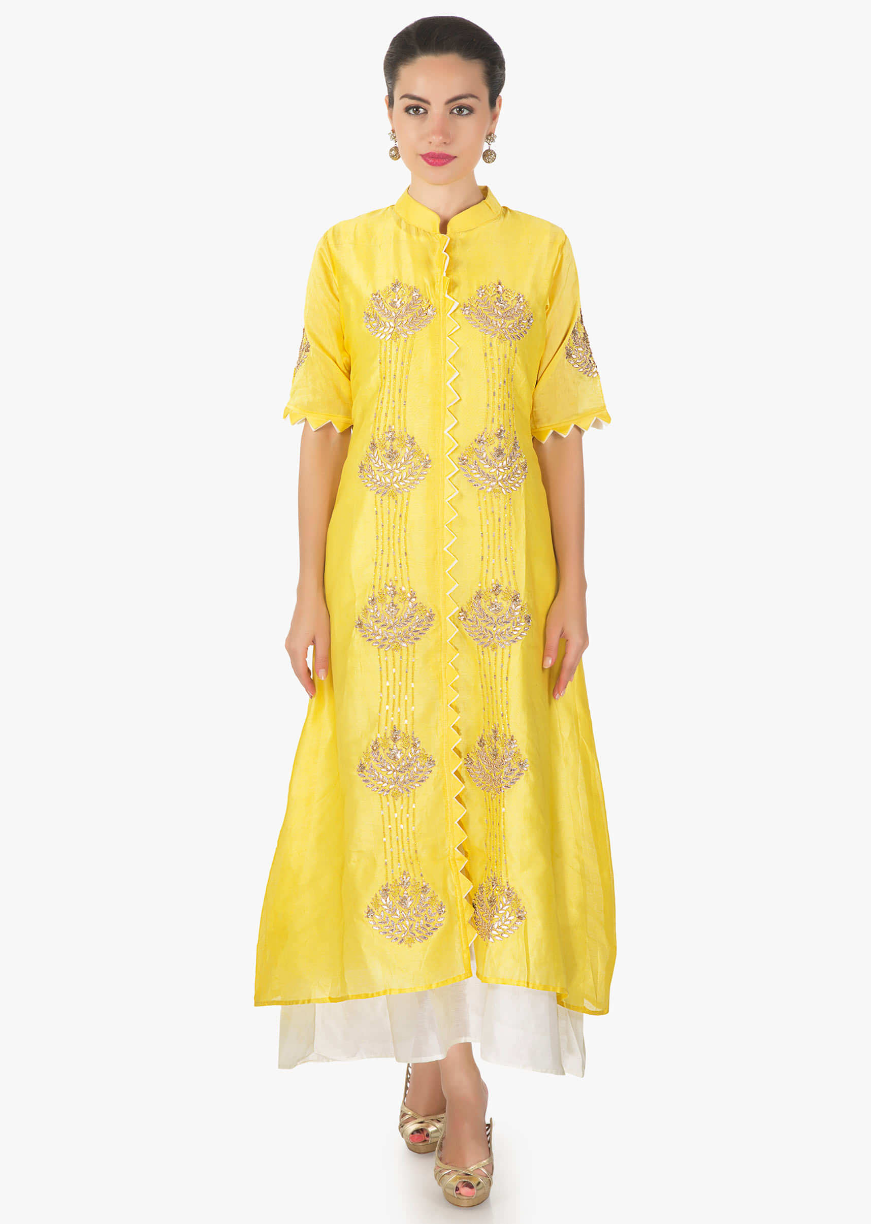Yellow A line Kurti in gotta patch sequin work matched with white long inner only on Kalki-Yellow