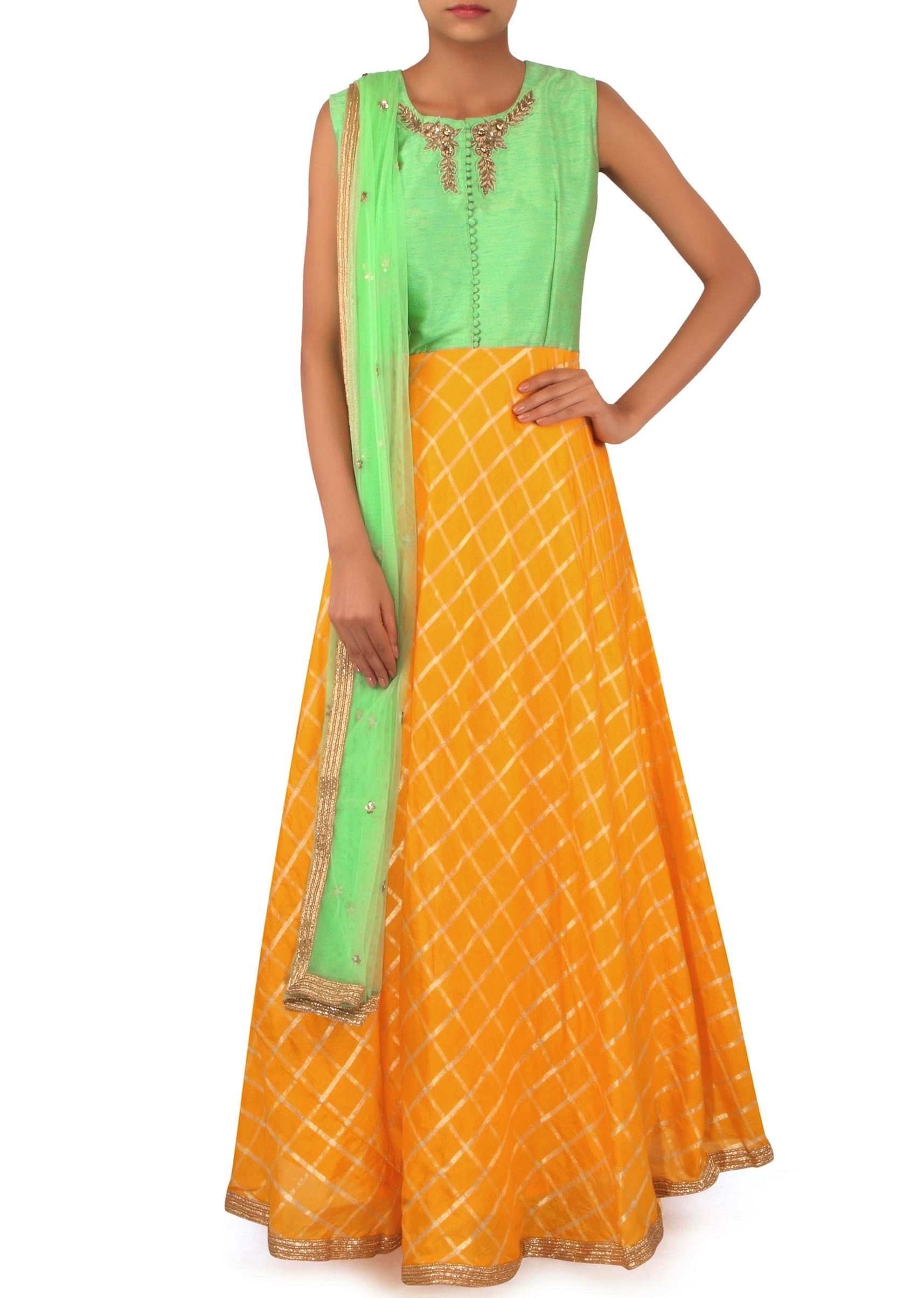 Yellow and green anarkali suit in zardosi embroidery only on Kalki