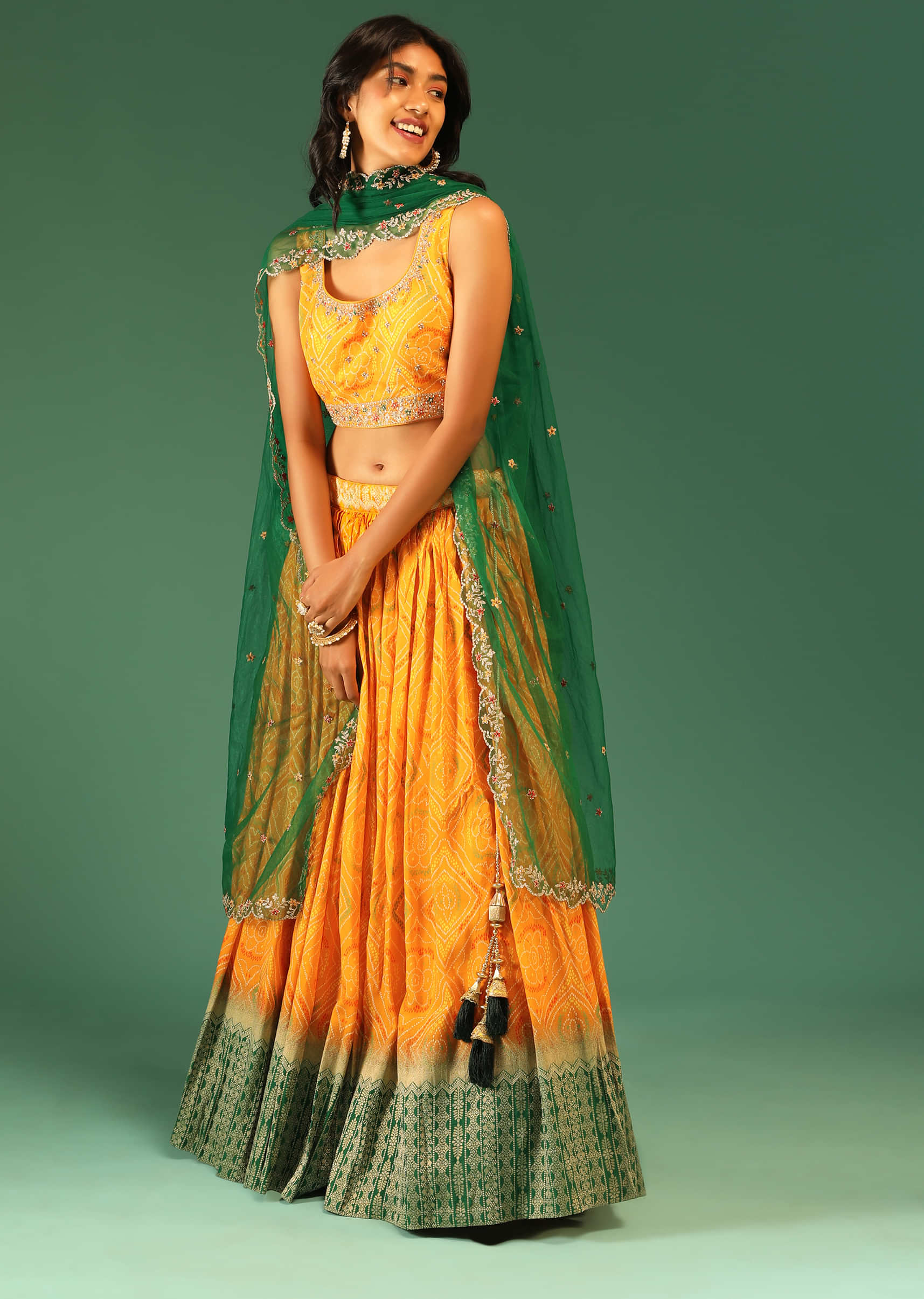 Yellow And Green Ombre Lehenga In Silk With Bandhani Design All Over And Brocade Border 