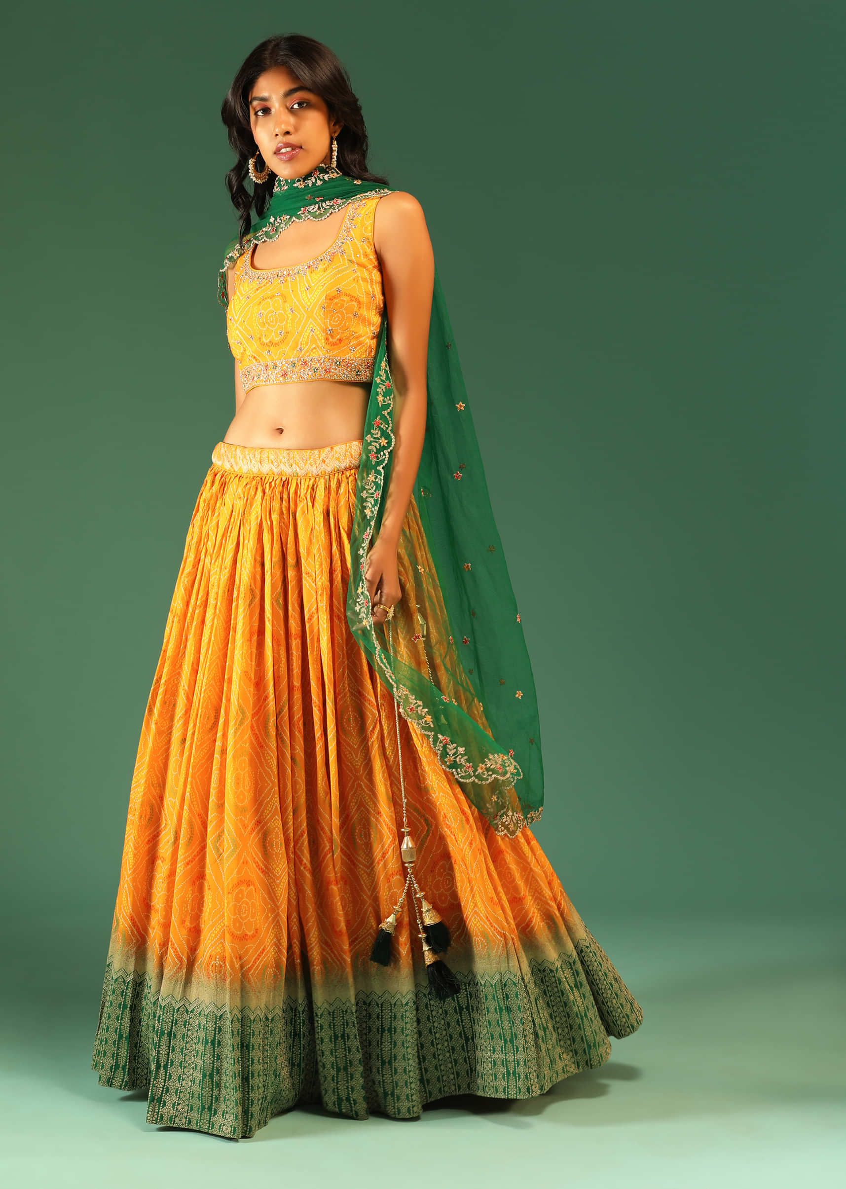 Yellow And Green Ombre Lehenga In Silk With Bandhani Design All Over And Brocade Border 