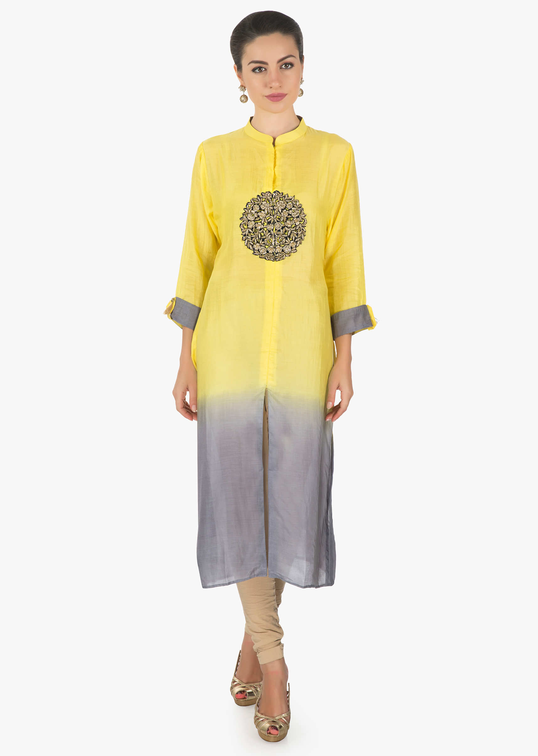 Yellow and grey kurti in mul cotton with zardosi cut work embroidery only on Kalki