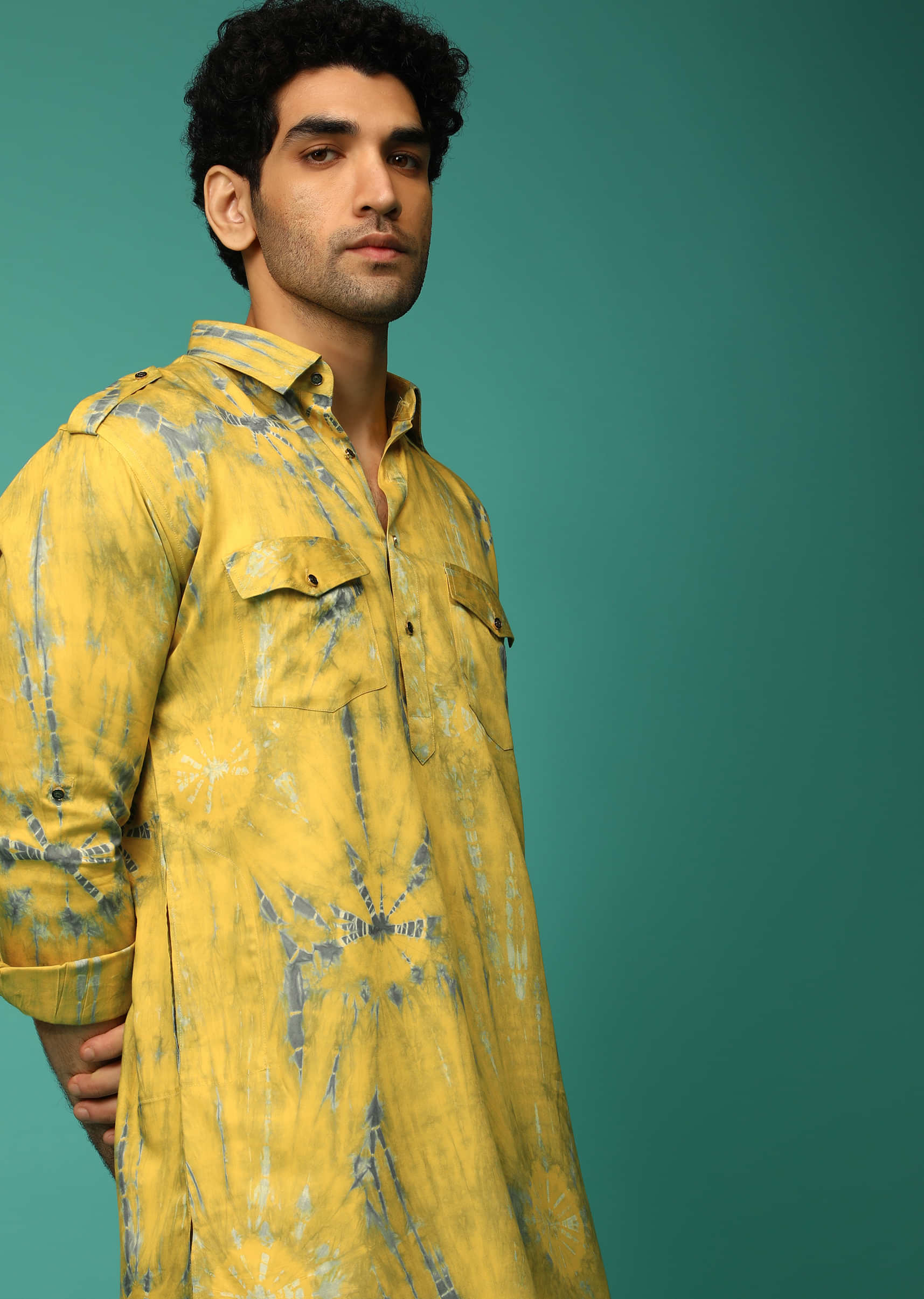 Yellow And Grey Patiala Suit With Tie Dye Print And Pocket Detailing Online - Kalki Fashion
