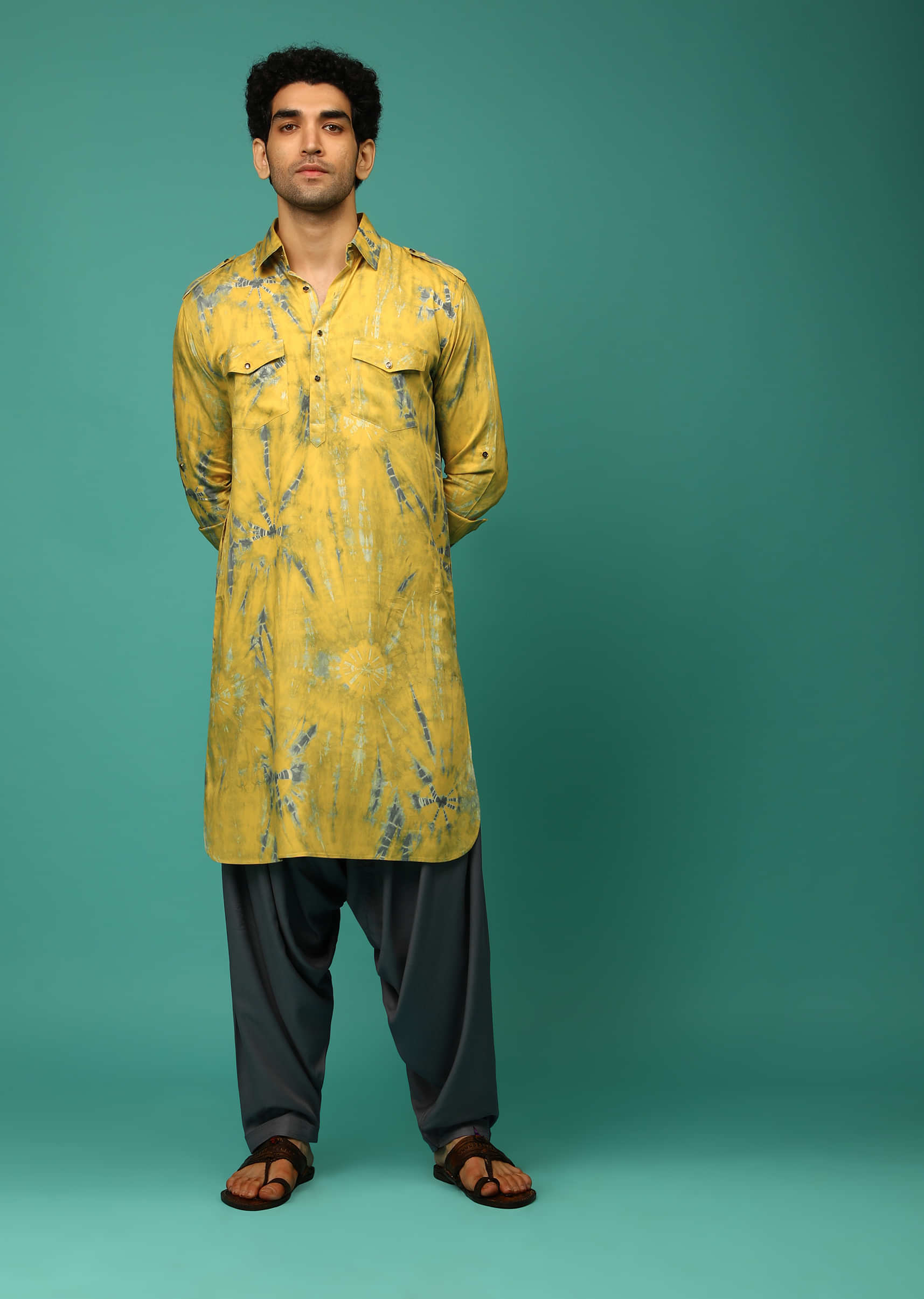Yellow And Grey Patiala Suit With Tie Dye Print And Pocket Detailing Online - Kalki Fashion