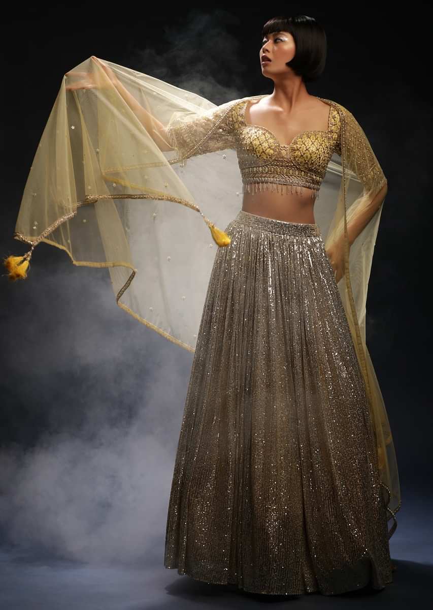 Yellow And Silver Ombre Lehenga Embellished In Sequins With Hand Embroidered Cholid Adorned In Cut Dana And Sequins Work