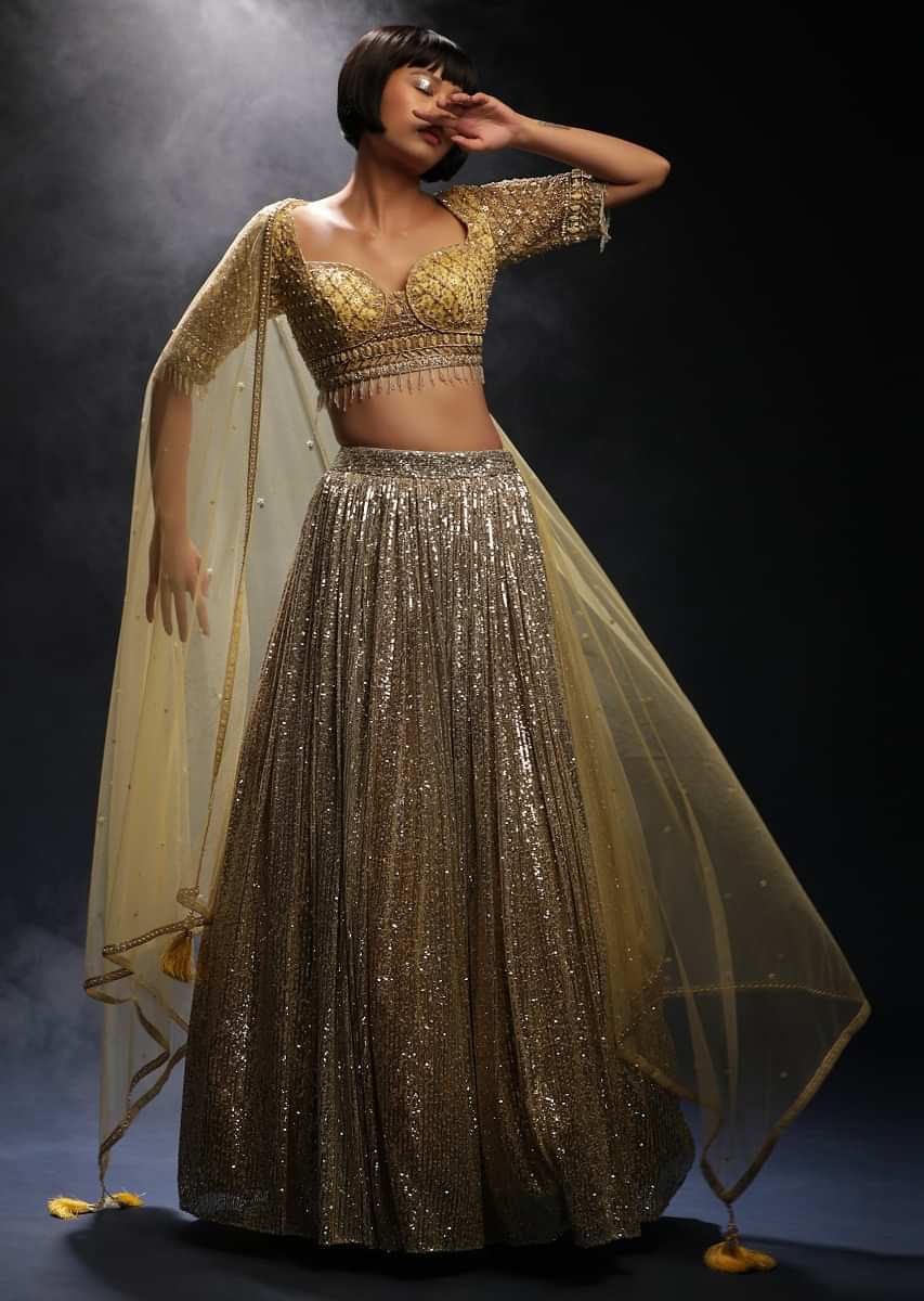 Buy Peach And Silver Ombre Lehenga In Sequins Fabric And Hand