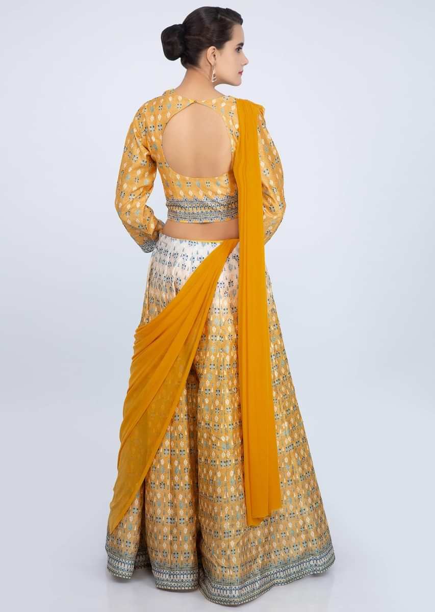 Yellow and white shaded cotton lehenga with matching blouse and pre stitched ready pleated dupatta only on Kalki