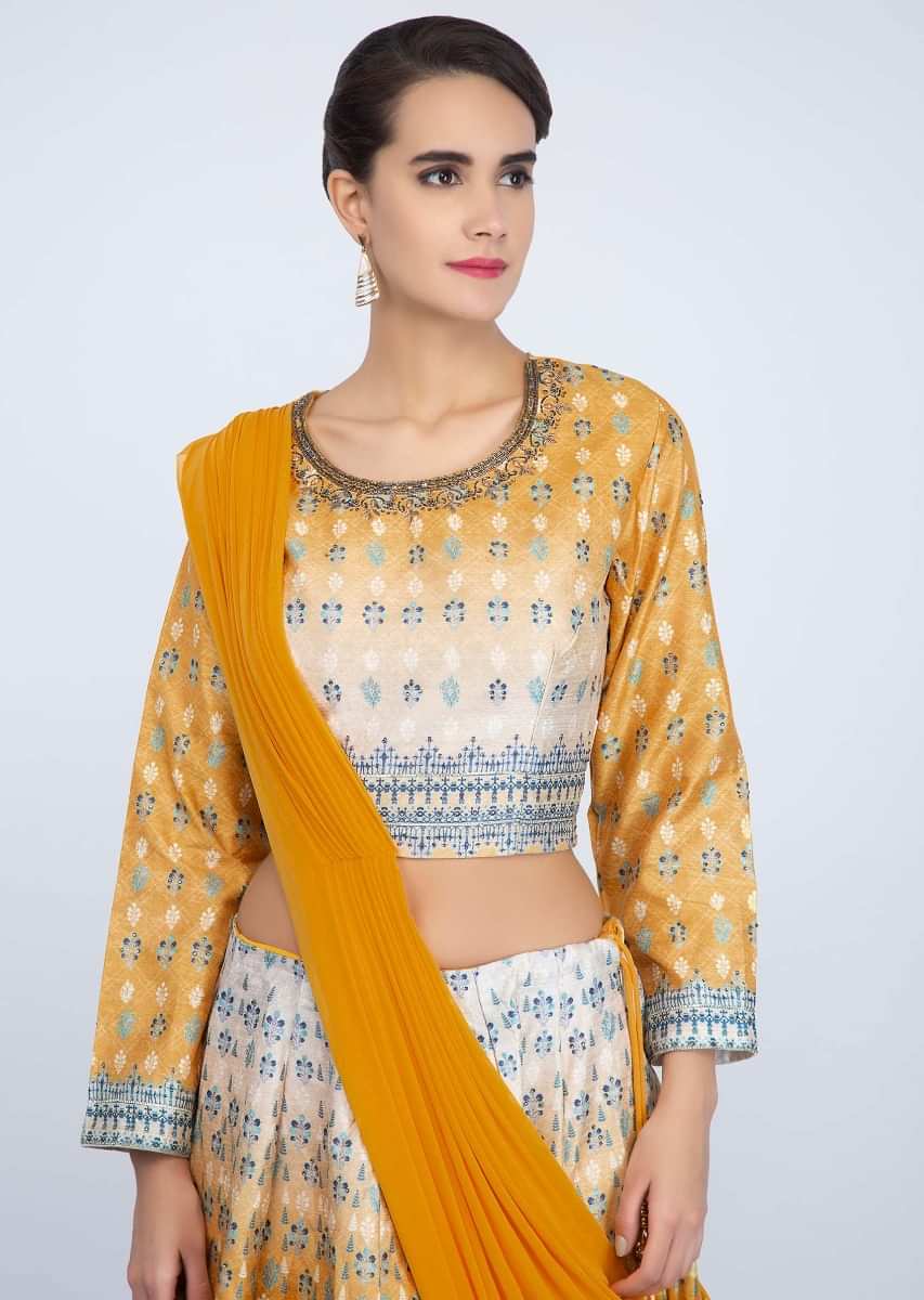 Yellow and white shaded cotton lehenga with matching blouse and pre stitched ready pleated dupatta only on Kalki