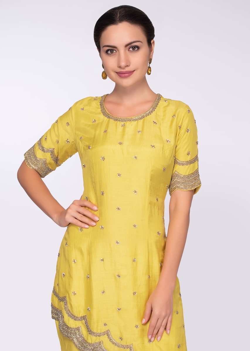 Yellow asymmetric embroidered cotton suit 