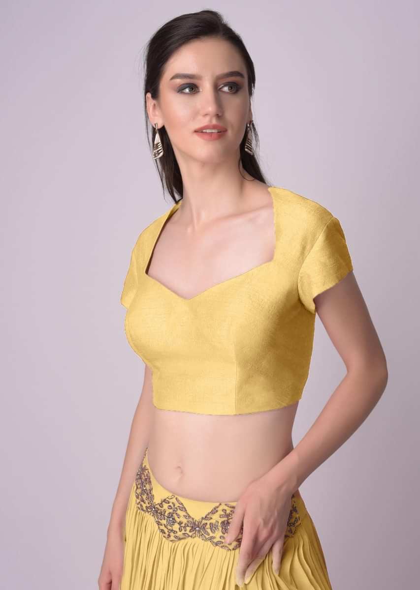 Yellow Blouse With Deep Sweet Heart Neck And Cap Sleeves