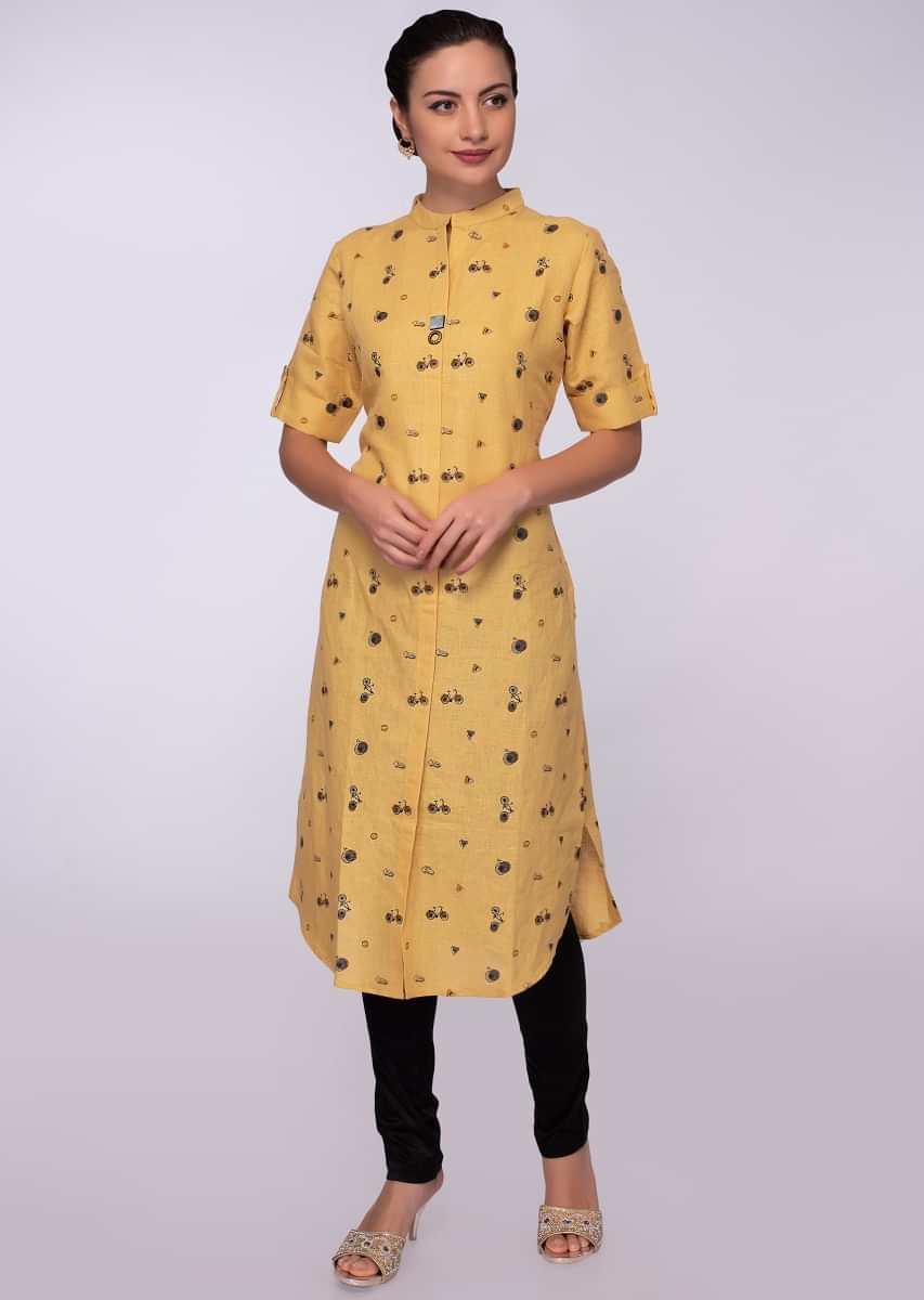 Yellow cotton jute kurti in printed butti